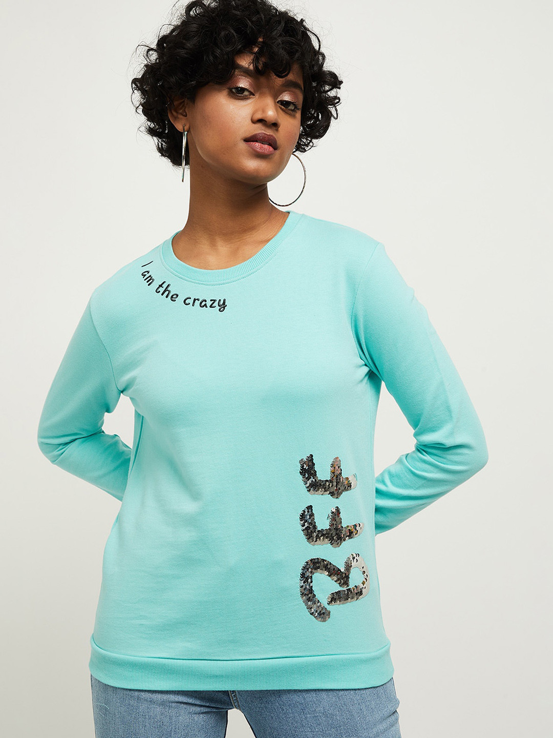 

max Women Blue Printed Round Neck Sweatshirt
