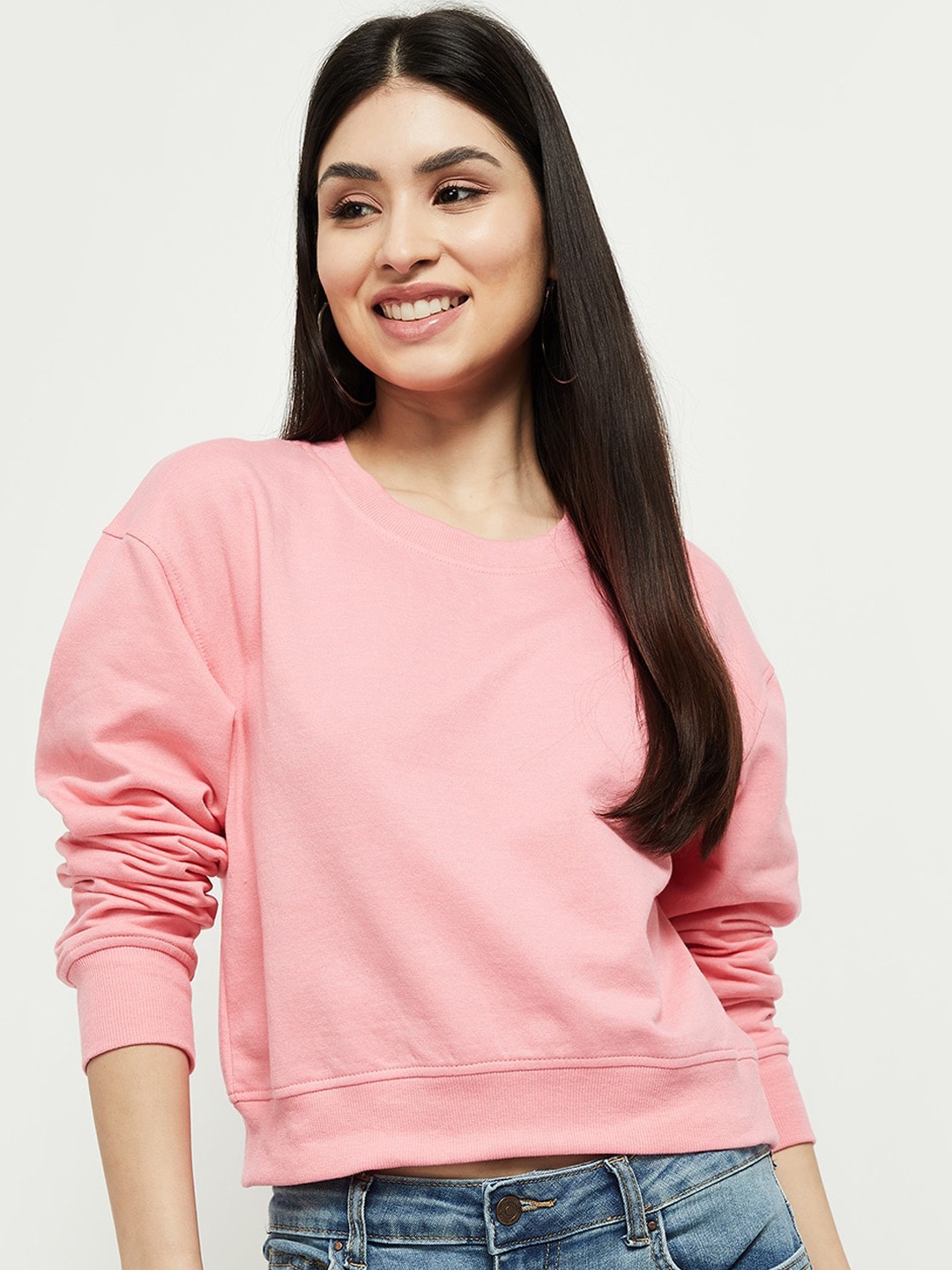

max Women Pink Solid Round Neck Sweatshirt