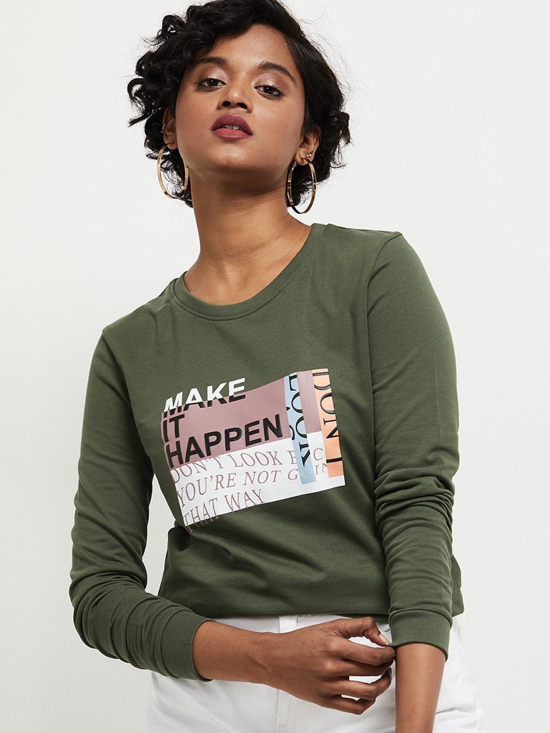 

max Women Olive Green Printed Round neck Sweatshirt