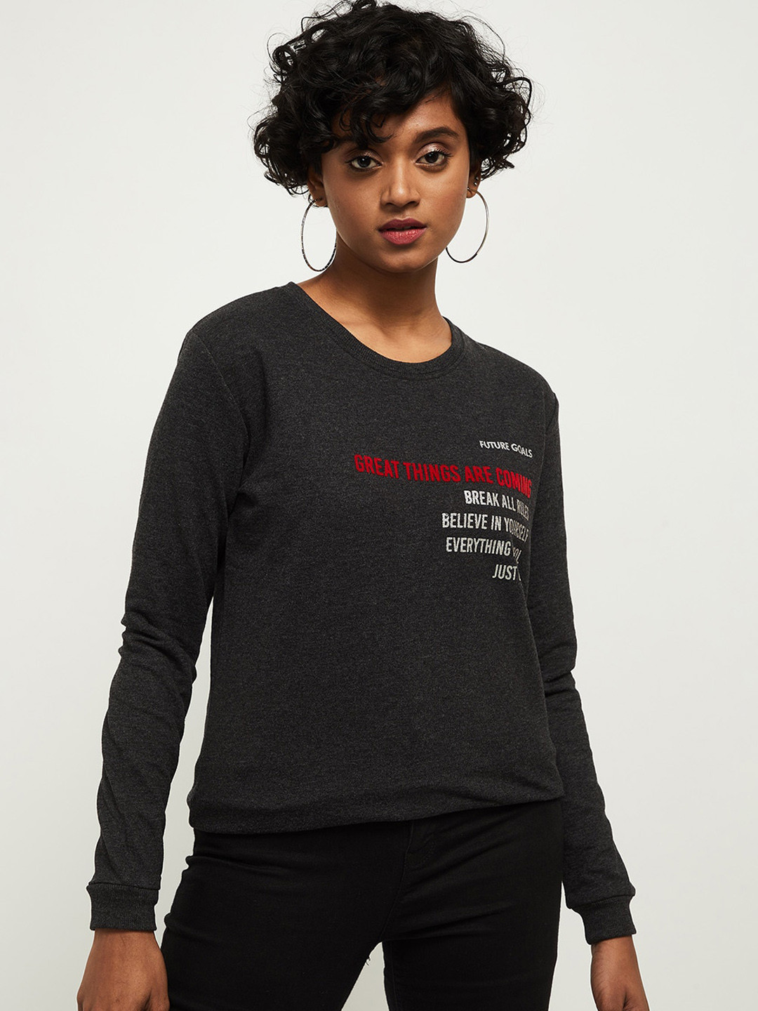 

max Women Black Printed Round Neck Sweatshirt