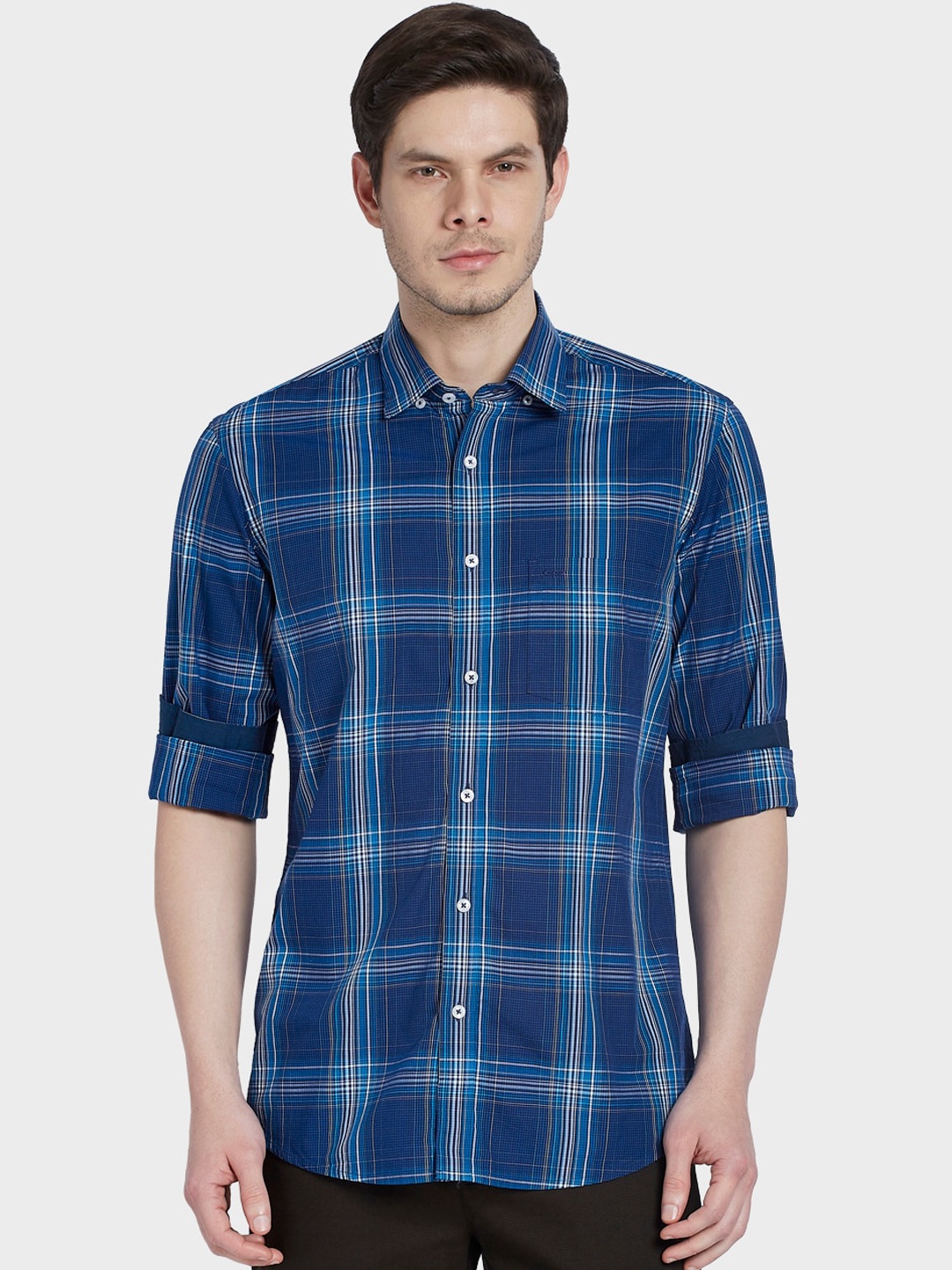 

ColorPlus Men Blue Tailored Fit Opaque Checked Casual Shirt