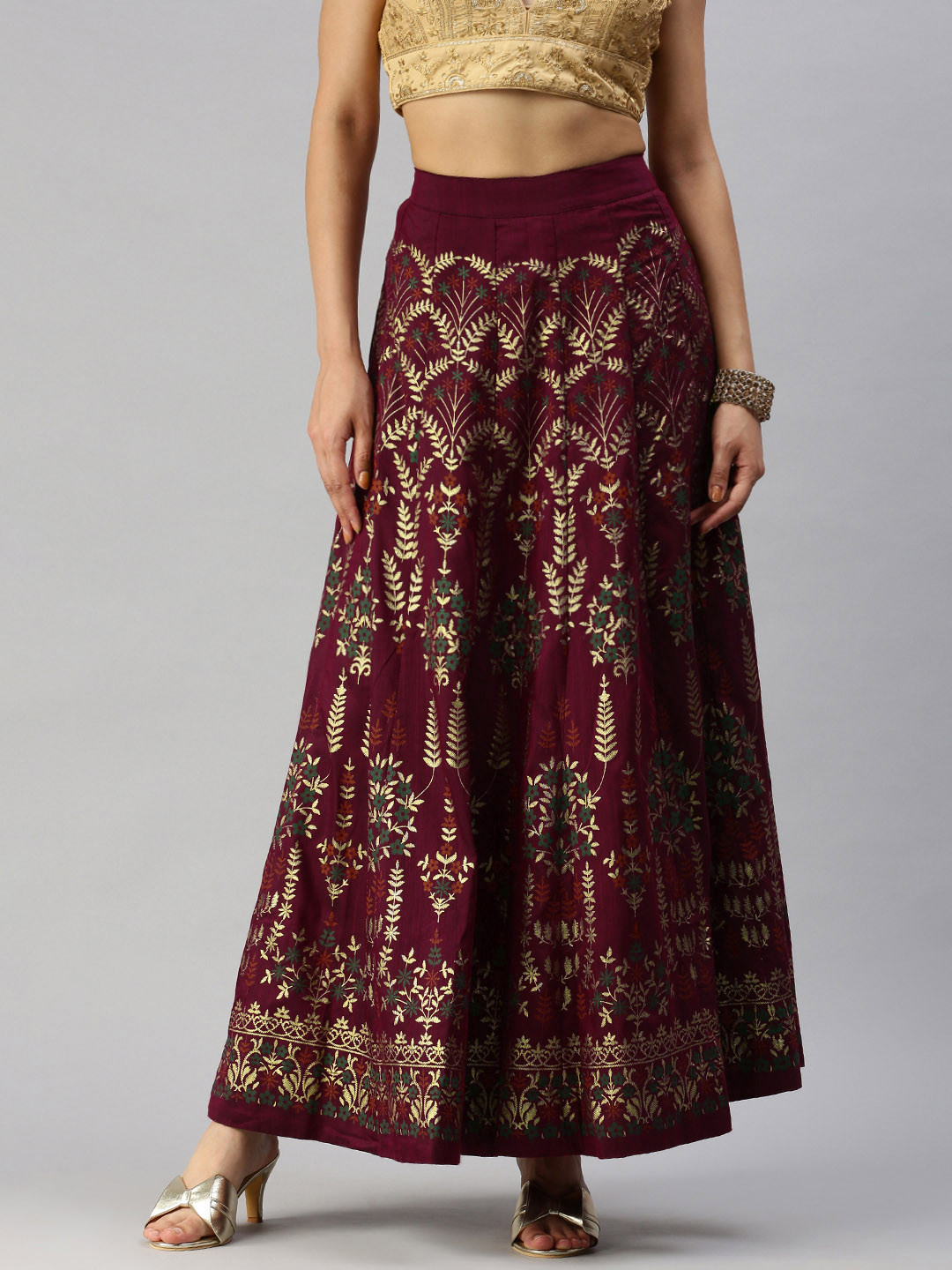 

Global Desi Women Maroon & Gold Printed Straight Skirt