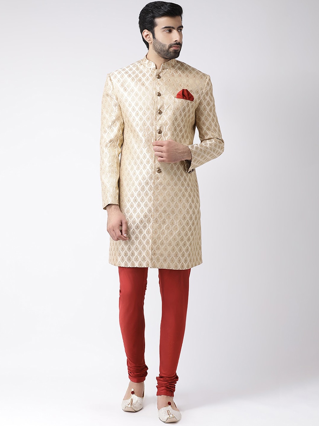 

KISAH Men Woven Design Cotton Indowestern Sherwani Set, Beige