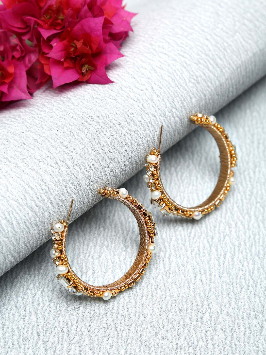 

Madame Gold-Plated & White Contemporary Half Hoop Earrings