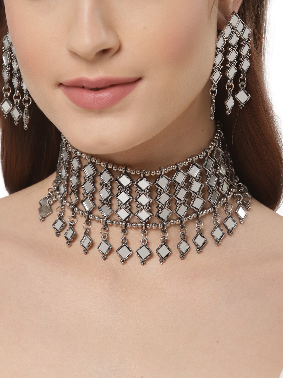 

Shining Diva Oxidised Silver-Plated Mirror Jewellery Set
