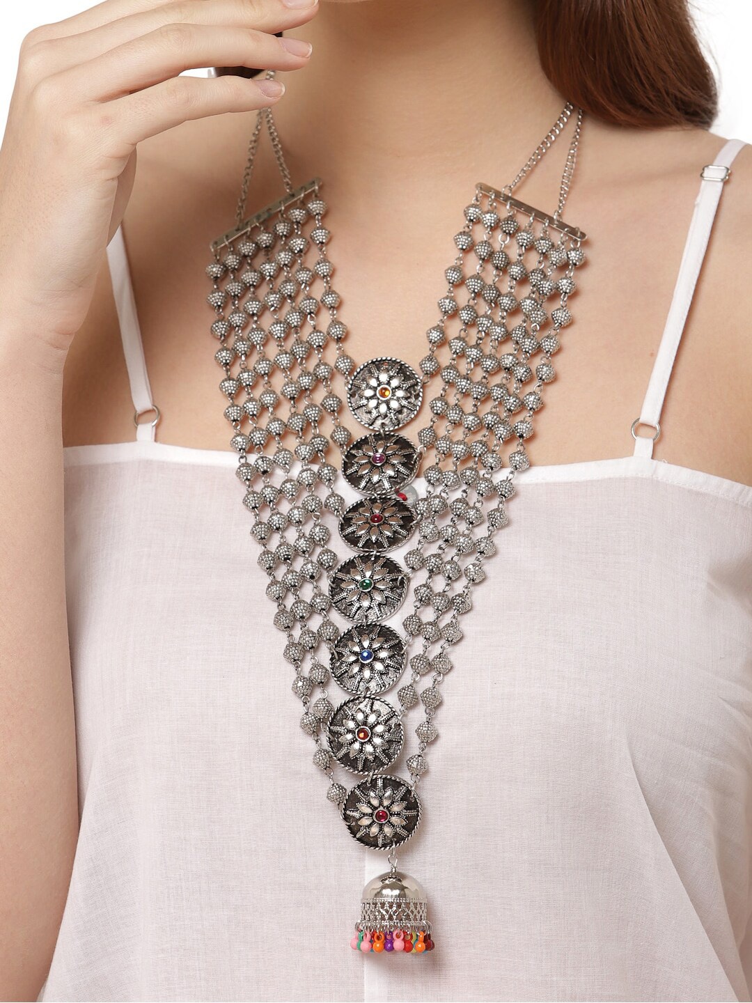 

Shining Diva Silver-Toned & Plated Beads Studded Oxidised Jewellery Set