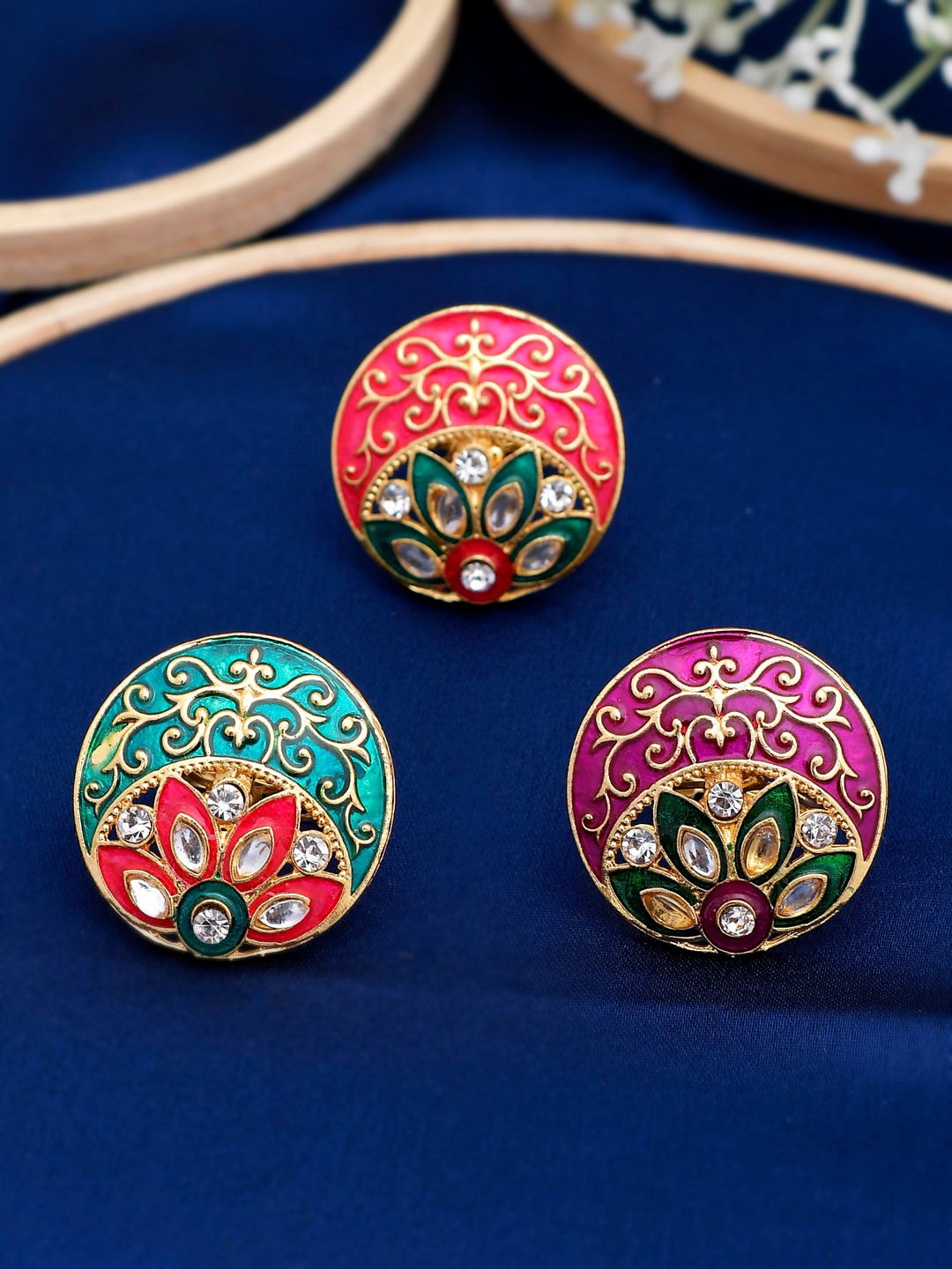 

Silvermerc Designs Set Of 3 Gold-Plated White Stone-Studded Meenakari Finger Rings