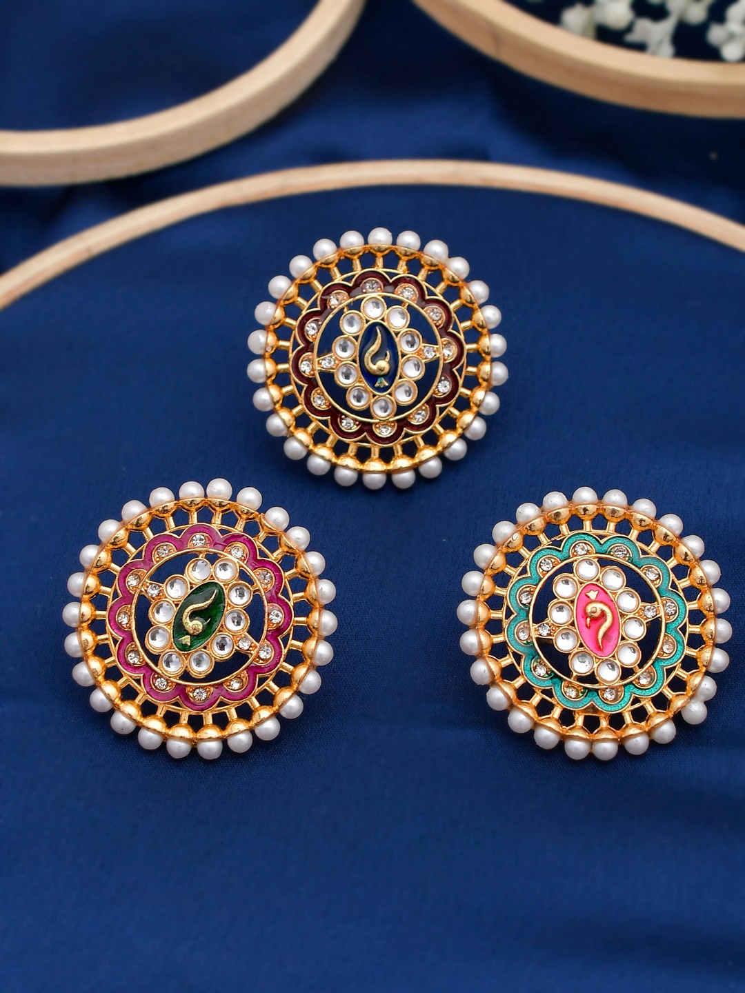 

Silvermerc Designs Set of 3 Gold-Plated & Red Meenakari Enamelled Pearl Ring