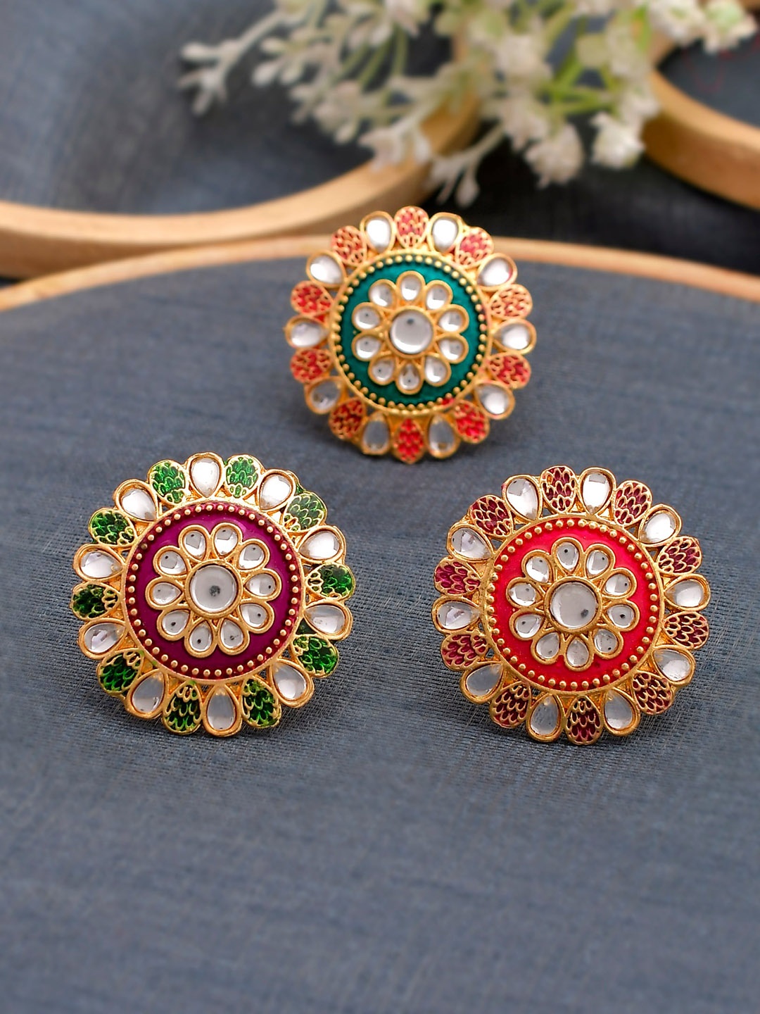 

Silvermerc Designs Set Of 3 Gold-Plated White Stone-Studded Meenakari Finger Rings