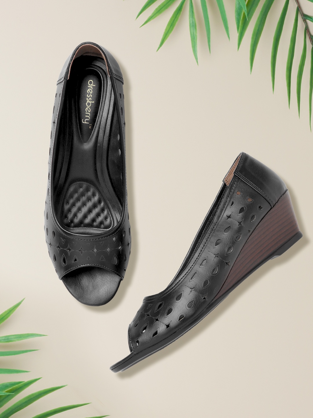 

DressBerry Women Black Solid Wedge Peep Toes with Laser Cuts