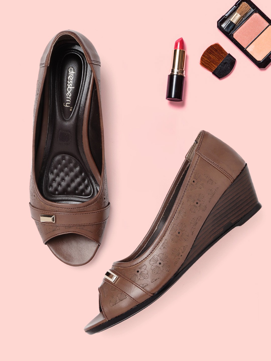 

DressBerry Coffee Brown Floral Printed Wedges with Laser Cuts & Buckle Detail