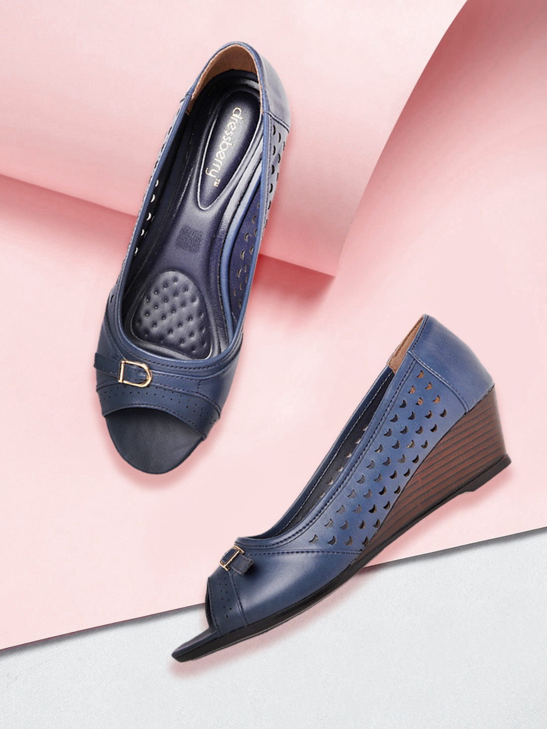 

DressBerry Navy Blue Solid Buckled Wedge Heels with Laser Cuts & Perforated Detail
