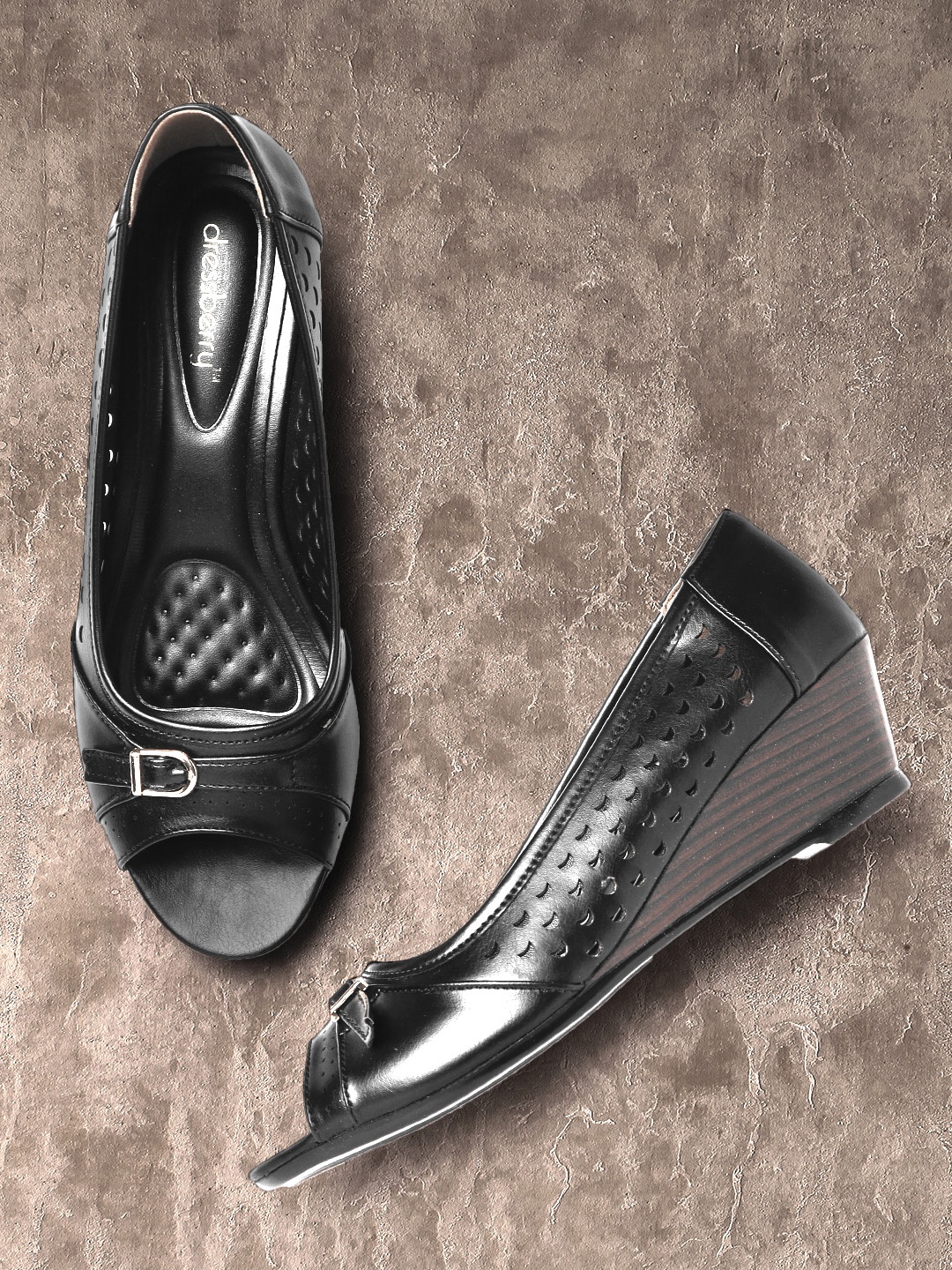 

DressBerry Women Black Solid Buckled Wedge Heels with Laser Cuts & Perforated Detail