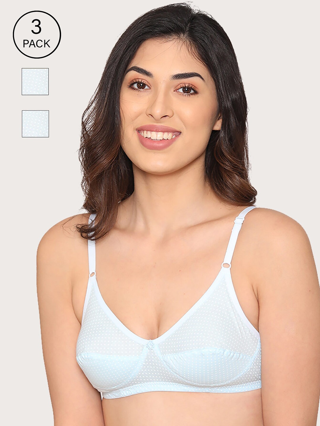 

Kalyani Pack of 3 Blue & White Polka Dots Printed T-shirt Bra