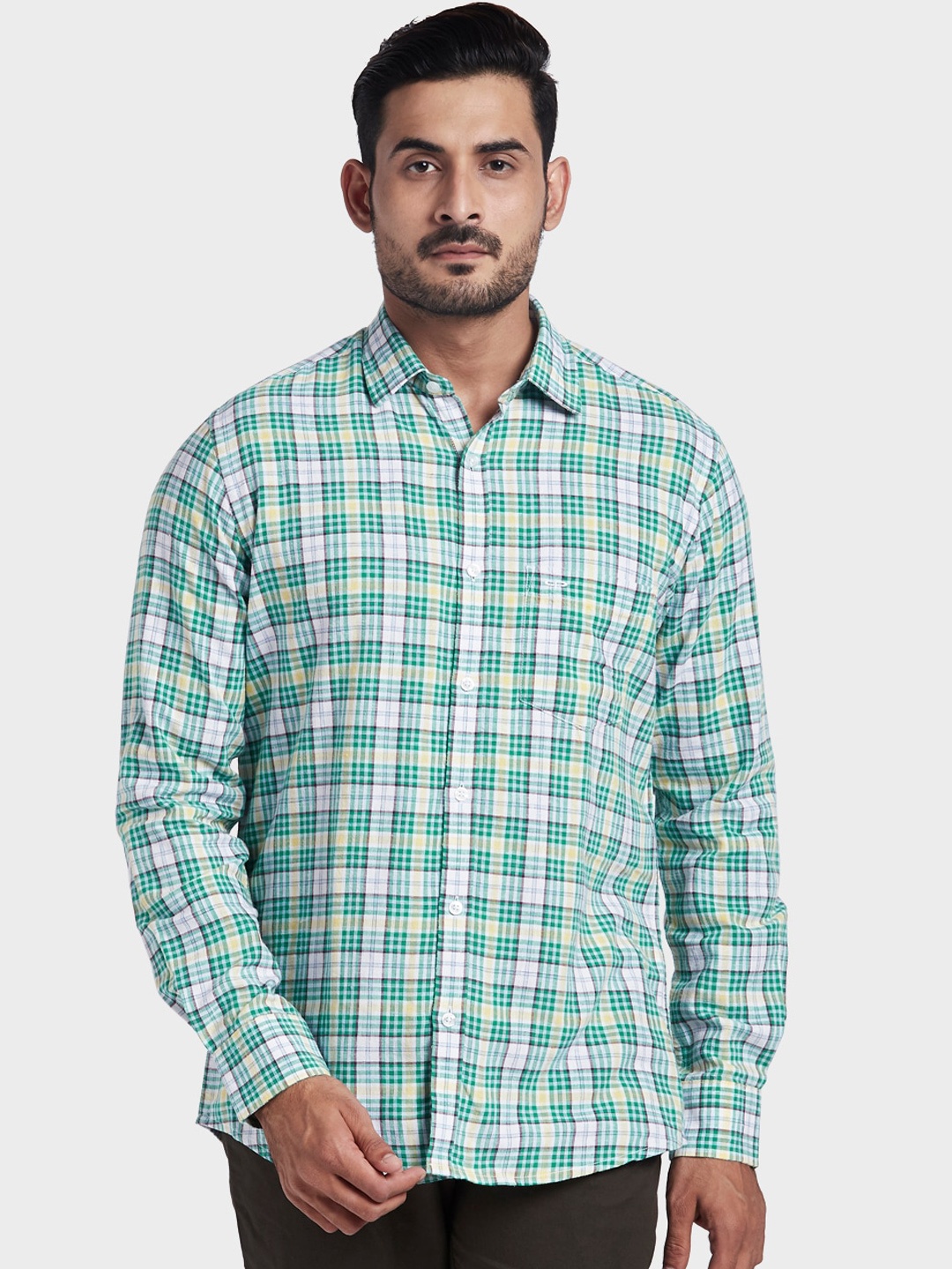 

ColorPlus Men Green & White Tailored Fit Grid Tattersall Checks Opaque Casual Shirt