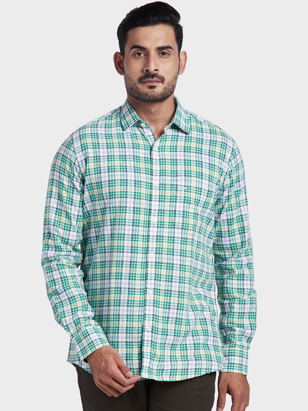 

ColorPlus Men Green Tailored Fit Opaque Checked Casual Shirt