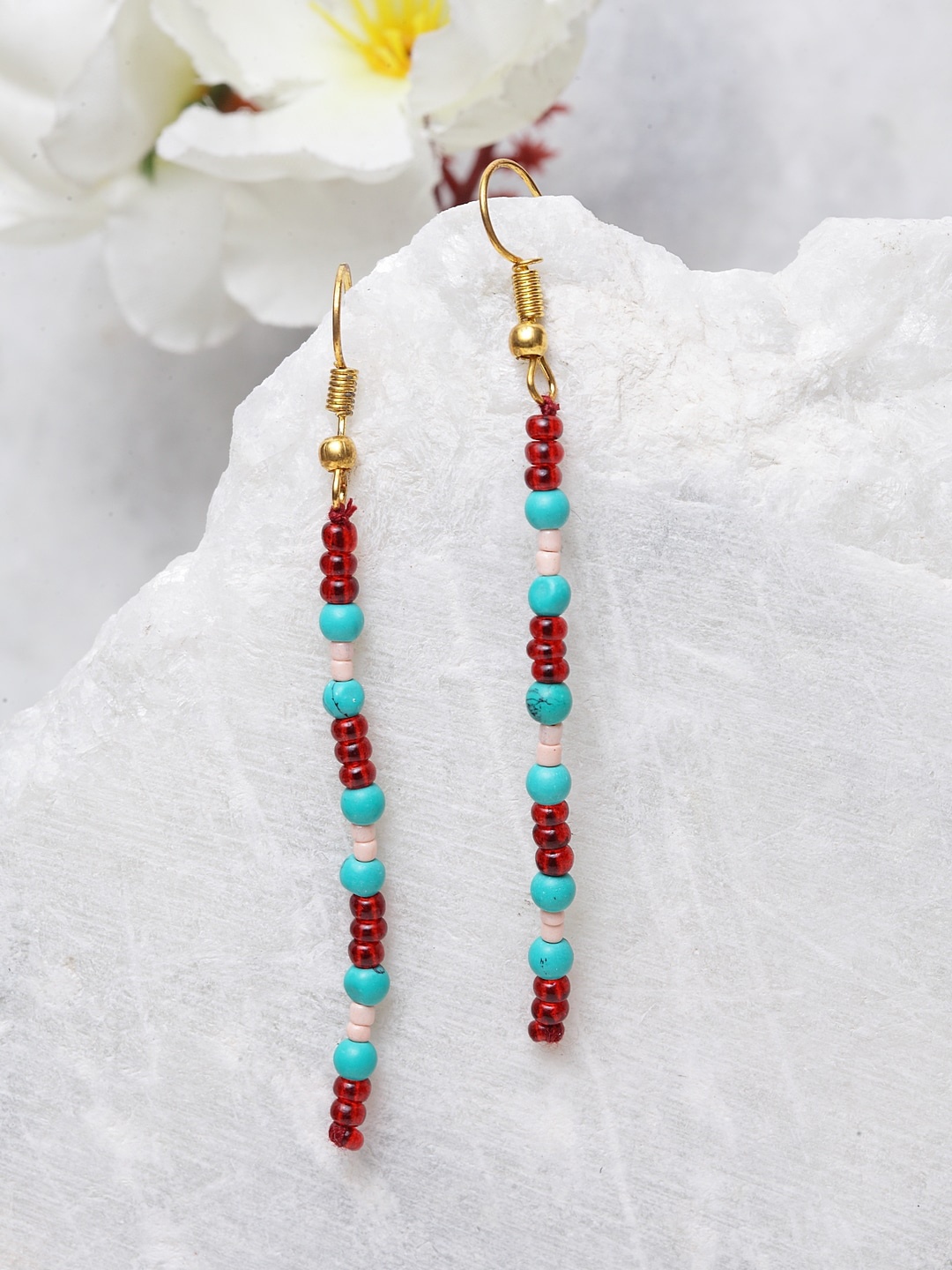 

DUGRISTYLE Red & Blue Beaded Gold-Plated Contemporary Drop Earrings