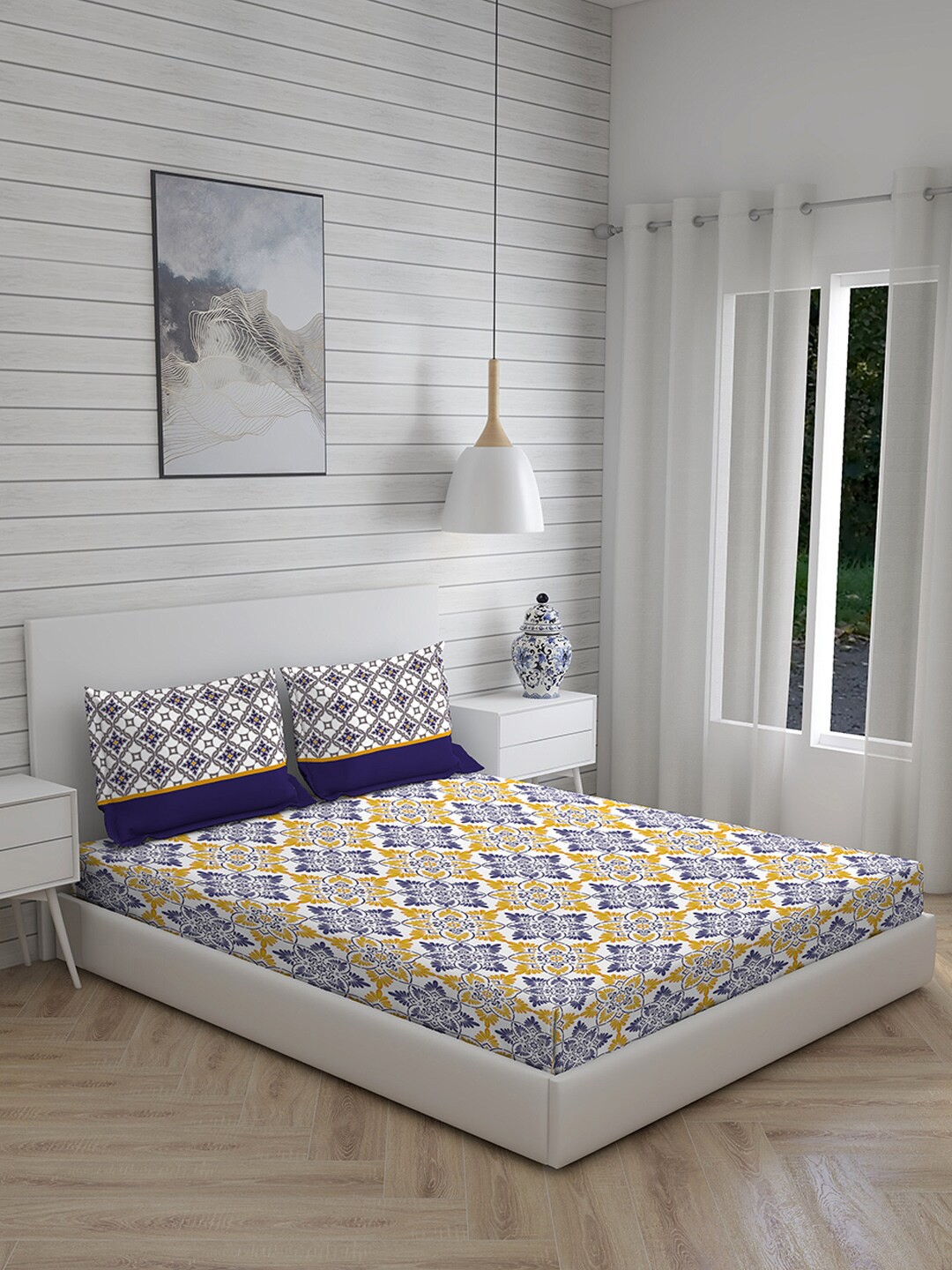 

Layers Blue & Mustard Yellow Ethnic Motifs 120 TC Queen Bedsheet with 2 Pillow Covers