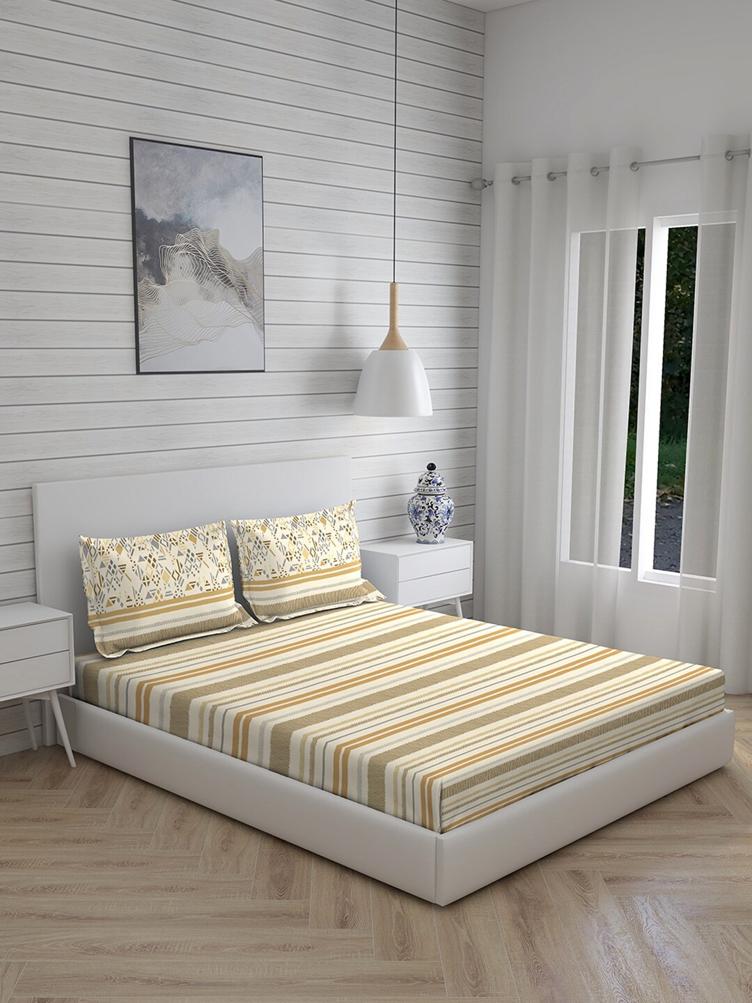 

Layers Yellow & Cream-Coloured Striped 120 TC Queen Bedsheet with 2 Pillow Covers