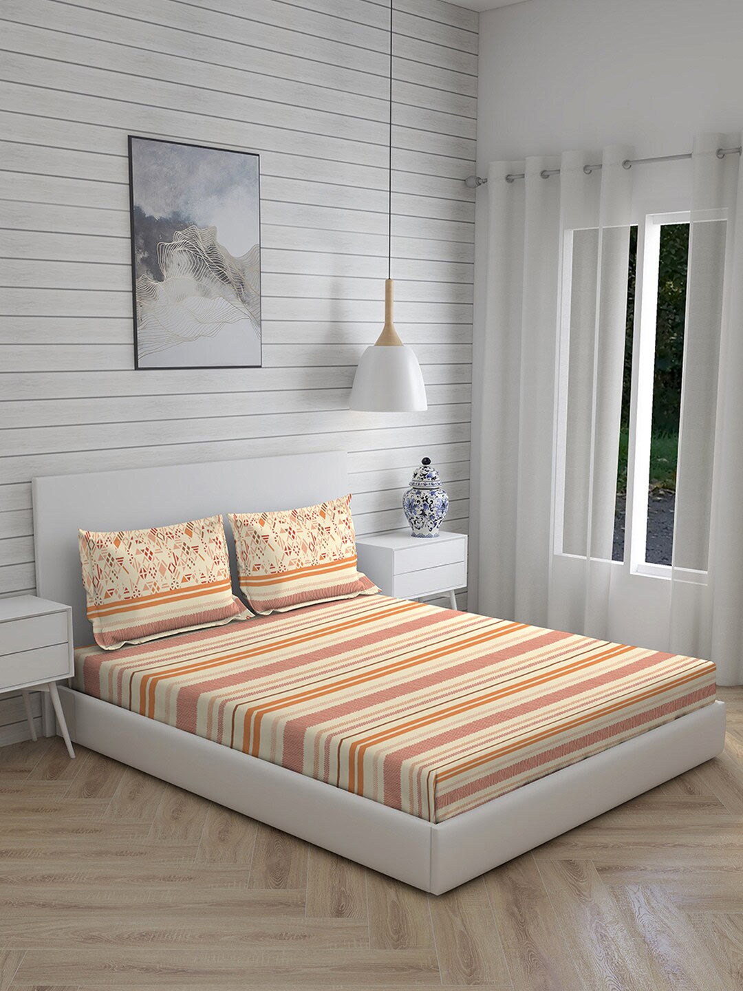 

Layers Orange & Cream-Coloured Striped 120 TC Queen Bedsheet with 2 Pillow Covers