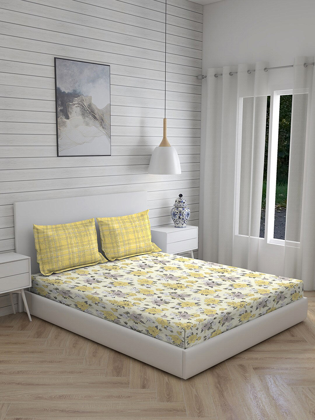 

Layers Yellow & Grey Floral 120 TC Cotton Queen Bedsheet with 2 Pillow Covers