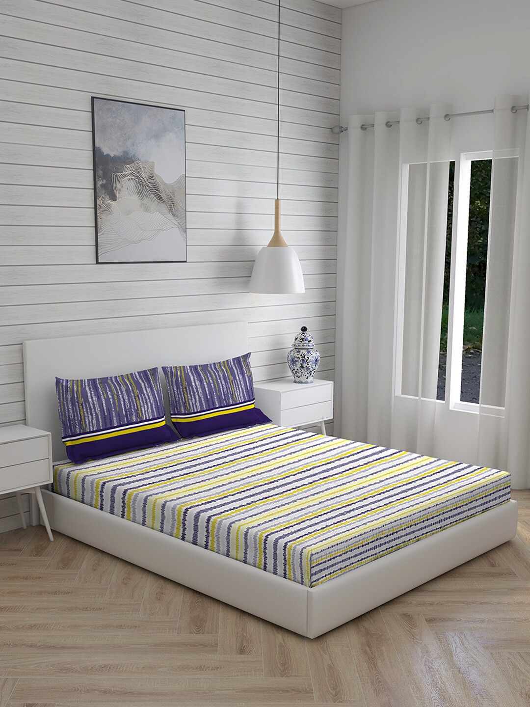 

Layers Yellow & White Striped 120 TC Queen Bedsheet with 2 Pillow Covers