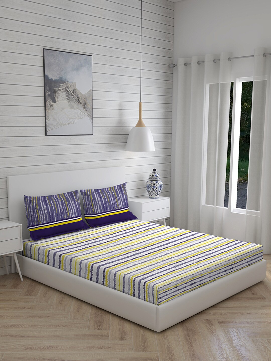 

Layers Blue & Yellow Striped 120 TC Queen Bedsheet with 2 Pillow Covers