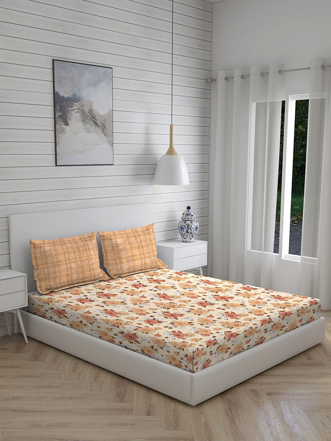 

Layers Yellow & Brown Floral 120 TC Queen Bedsheet with 2 Pillow Covers