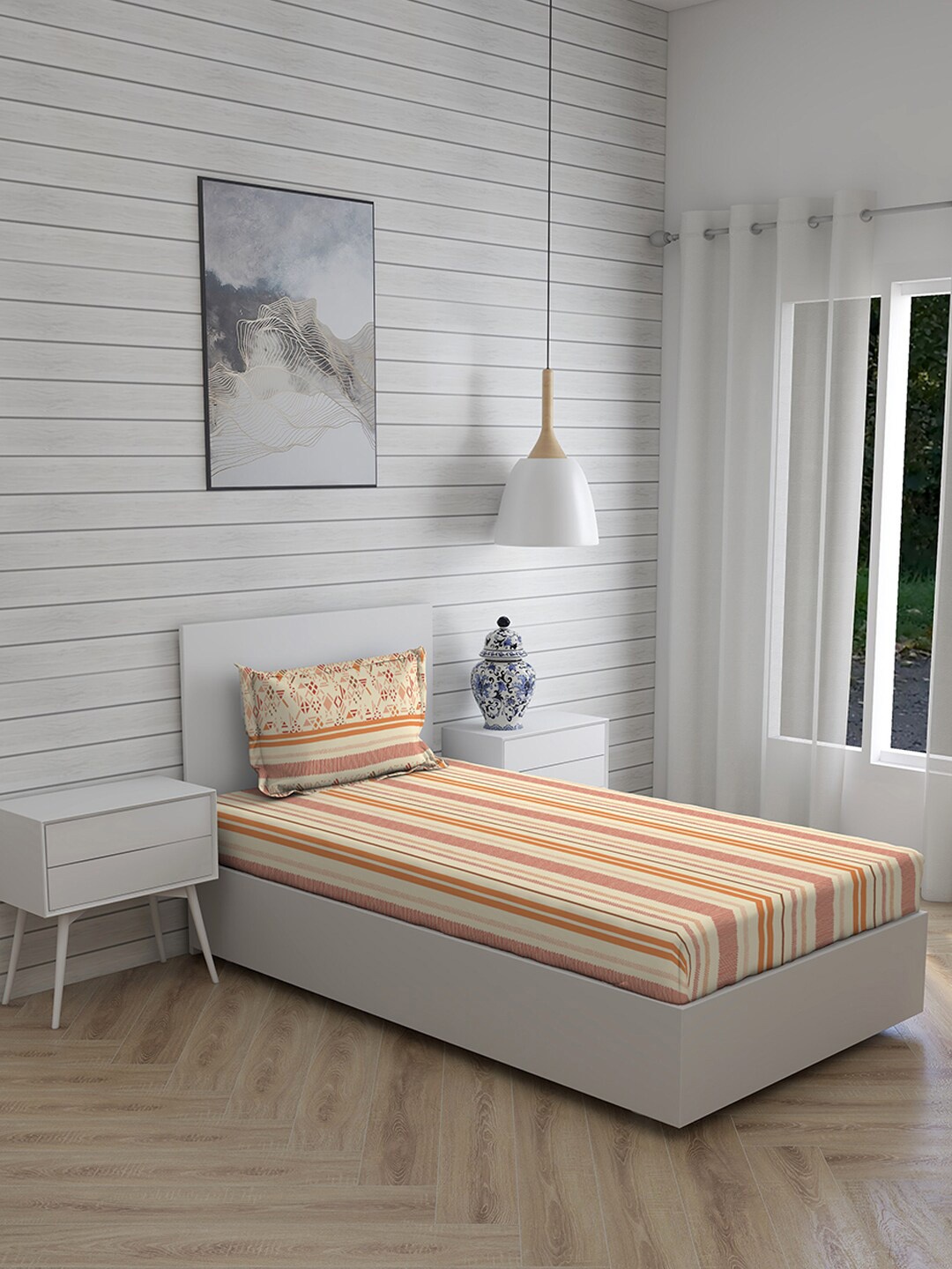 

Layers Orange & Cream-Coloured Striped 120 TC Single Bedsheet with 1 Pillow Covers