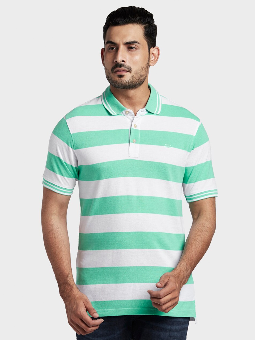 

ColorPlus Men Green & White Striped Polo Collar T-shirt