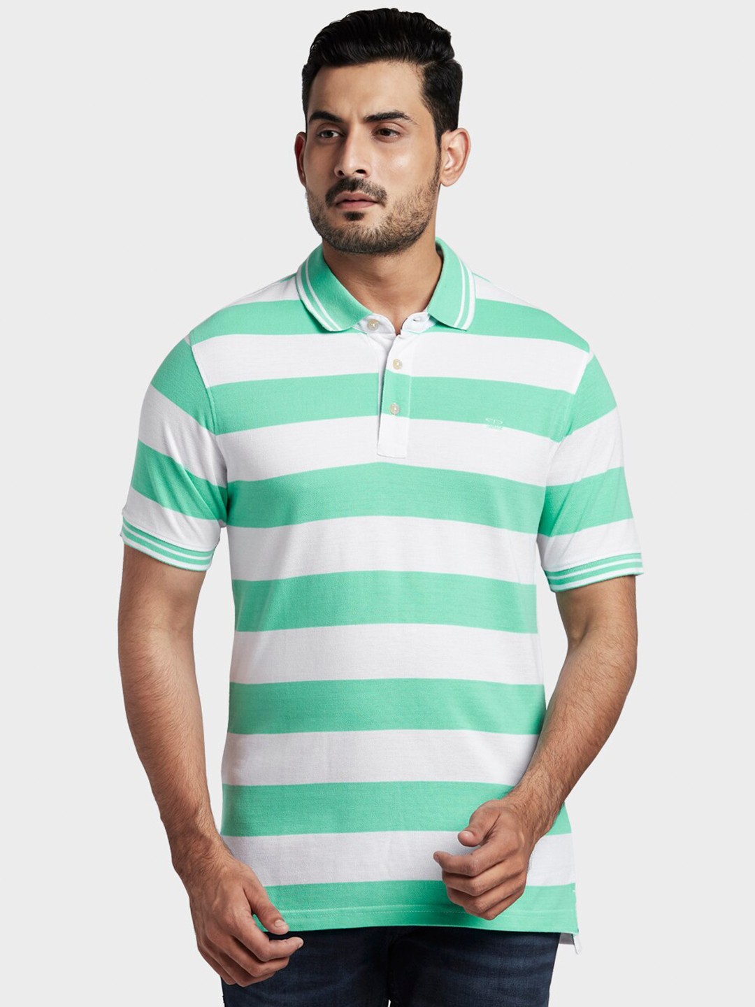 

ColorPlus Men Green & White Striped Polo Collar T-shirt