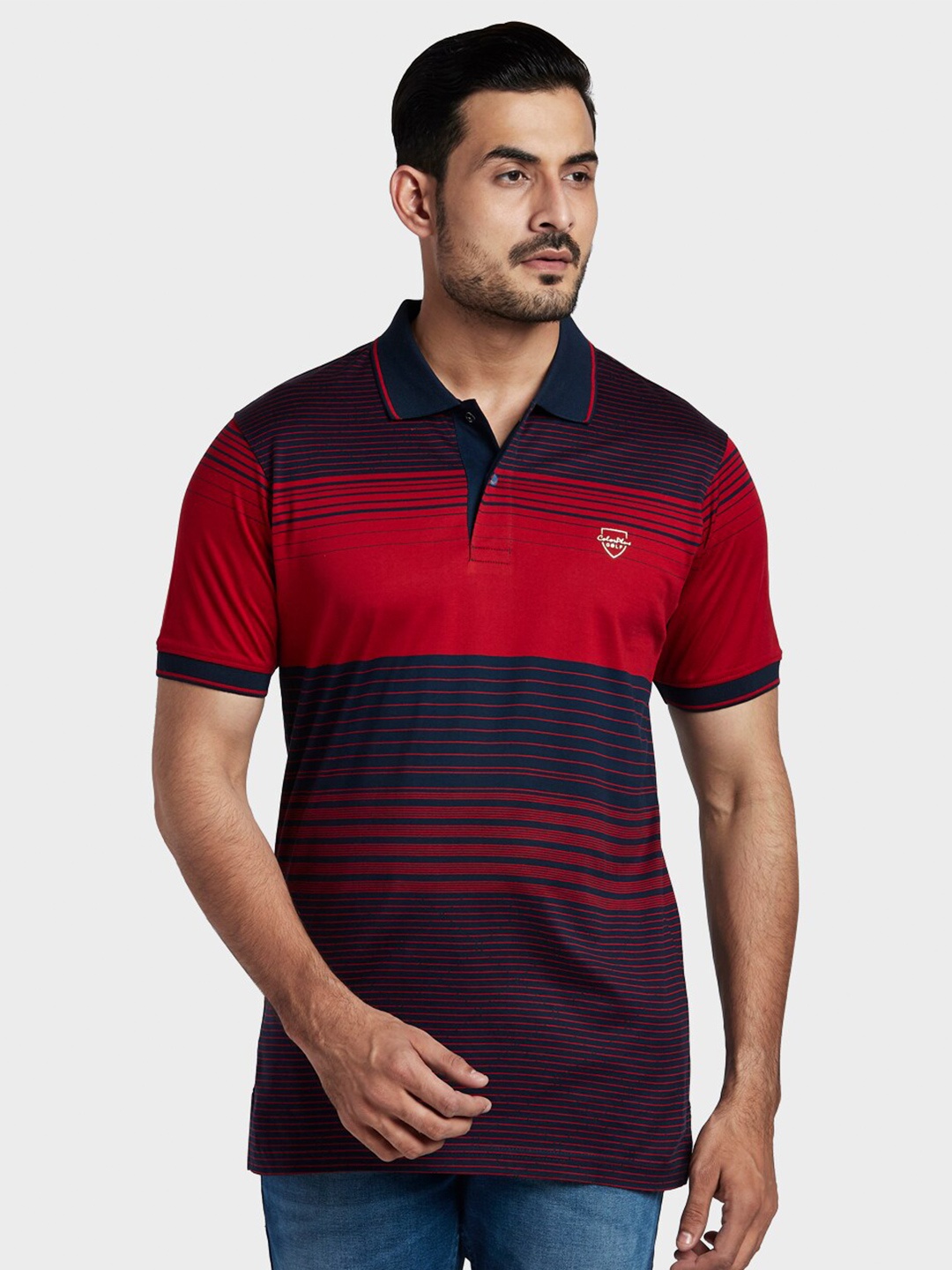 

ColorPlus Men Red & Navy Blue Striped Polo Collar T-shirt