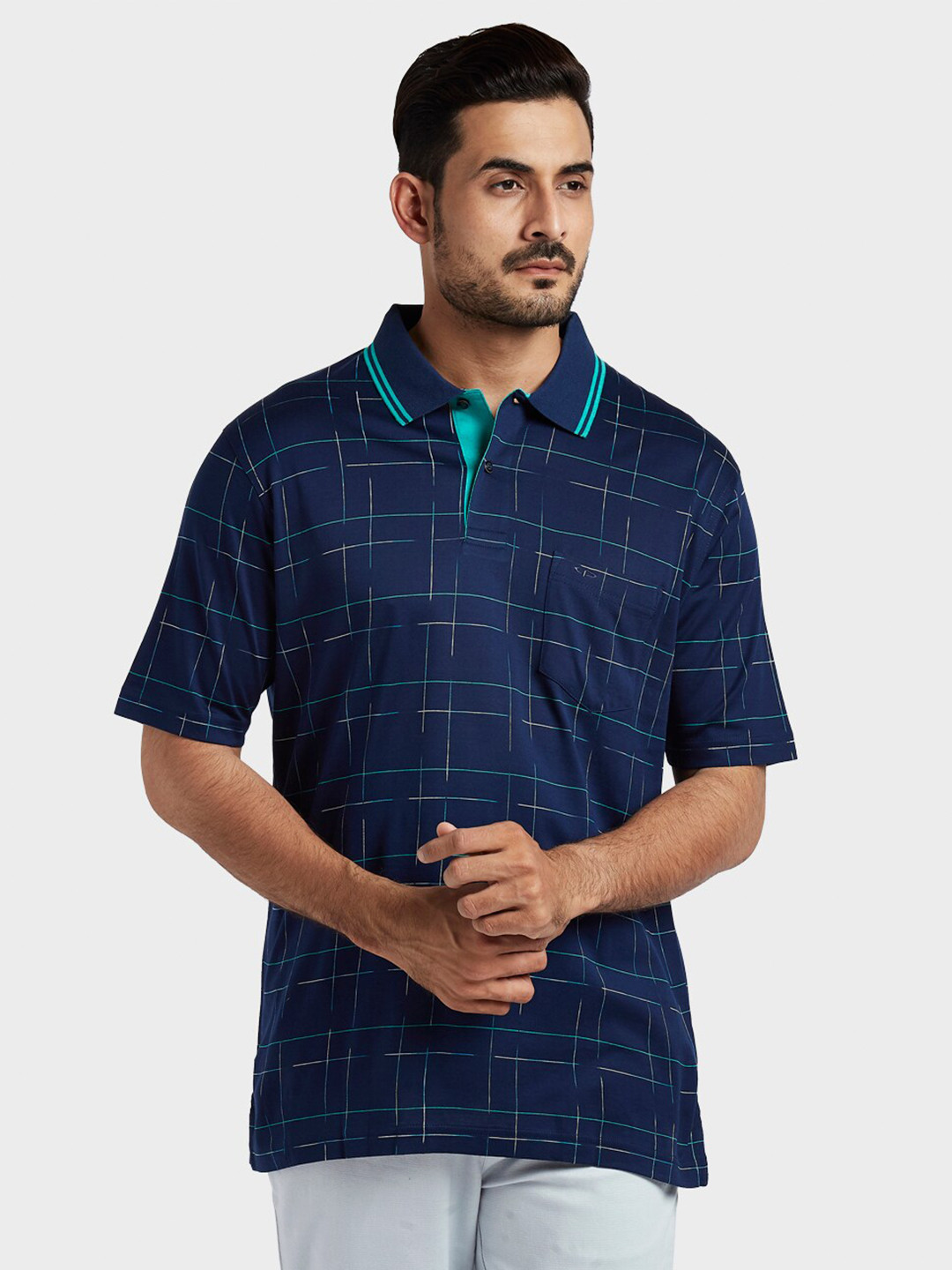 

ColorPlus Men Blue Checked Polo Collar Pockets T-shirt