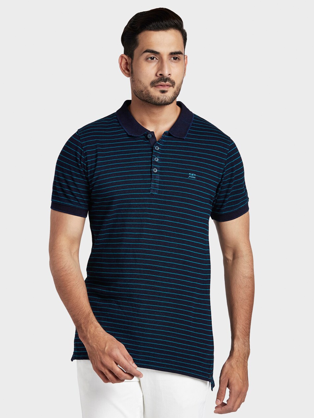 

ColorPlus Men Blue Striped Polo Collar T-shirt