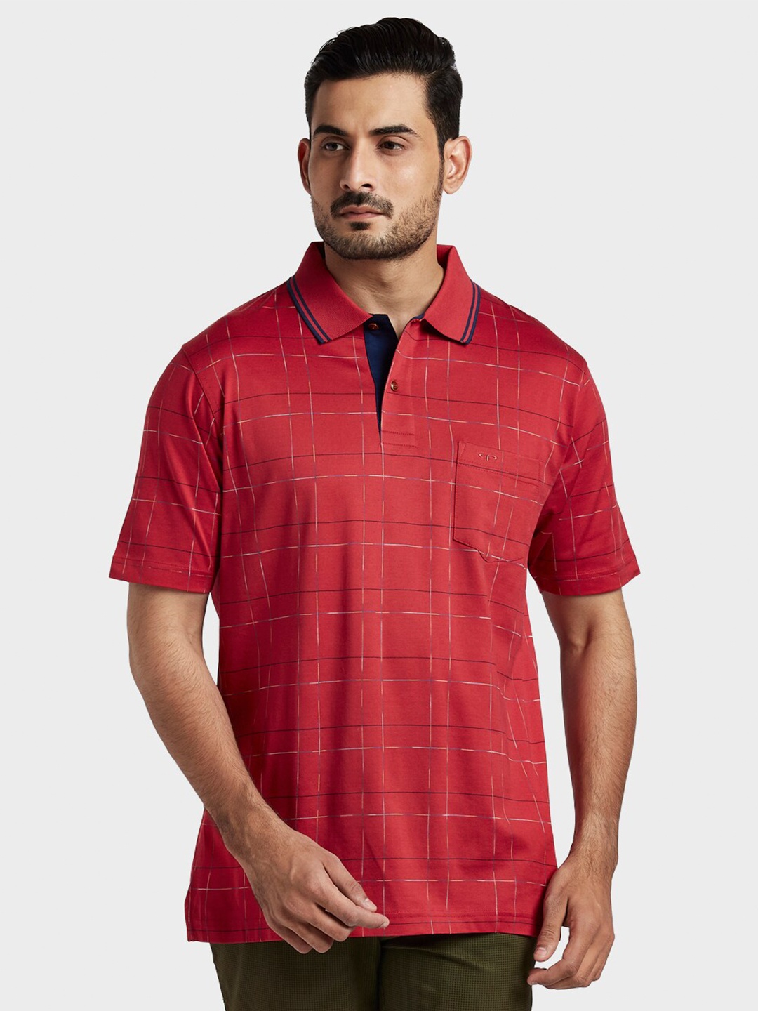 

ColorPlus Men Red Checked Polo Collar Pocket T-shirt