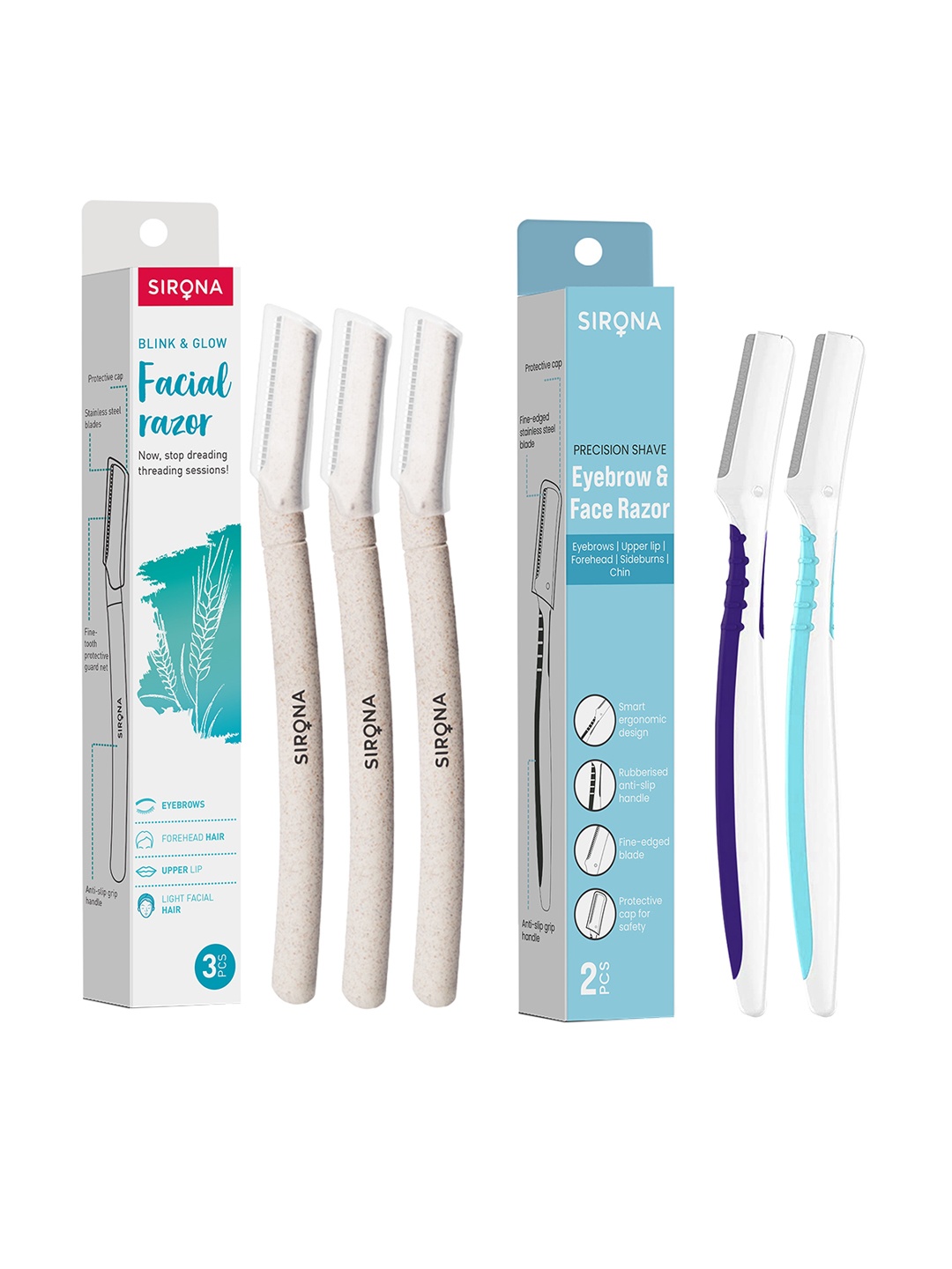 

Sirona Women Pack of 3 Blink & Glow Face Razor & Pack of 2 Eyebrow & Face Razor, Brown