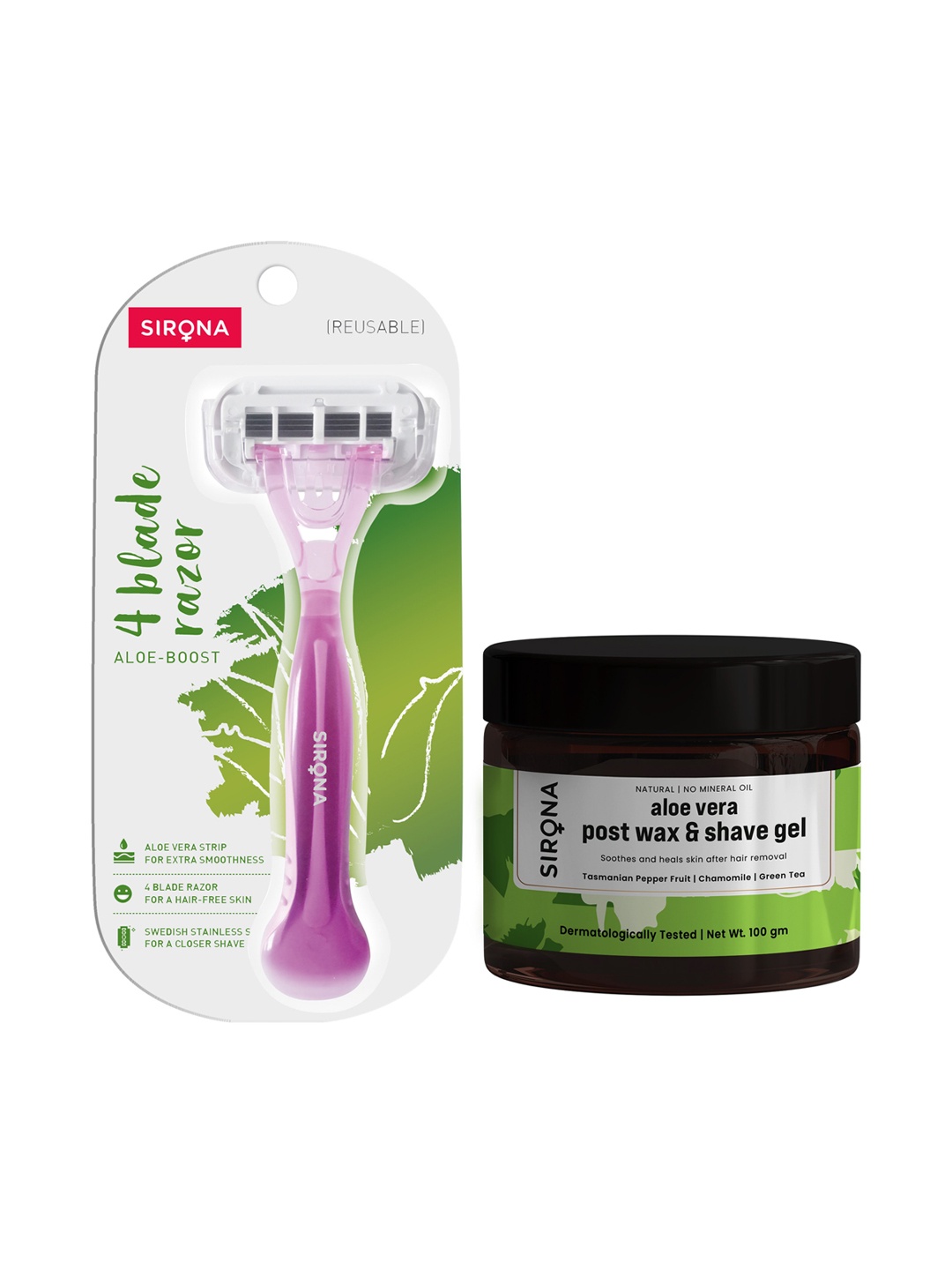 Sirona Post Shave Gel - 100 gms & Reusable Body Razor, Green