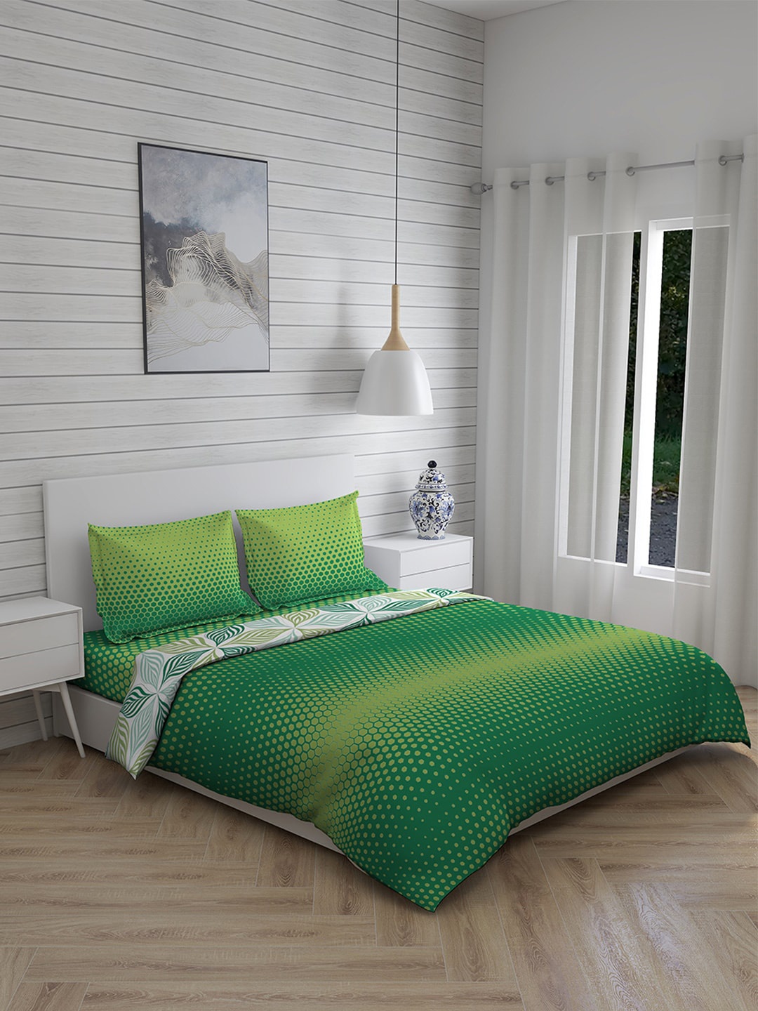 

Layers Green & White Geometric Printed Double King Pure Cotton Bedding Set