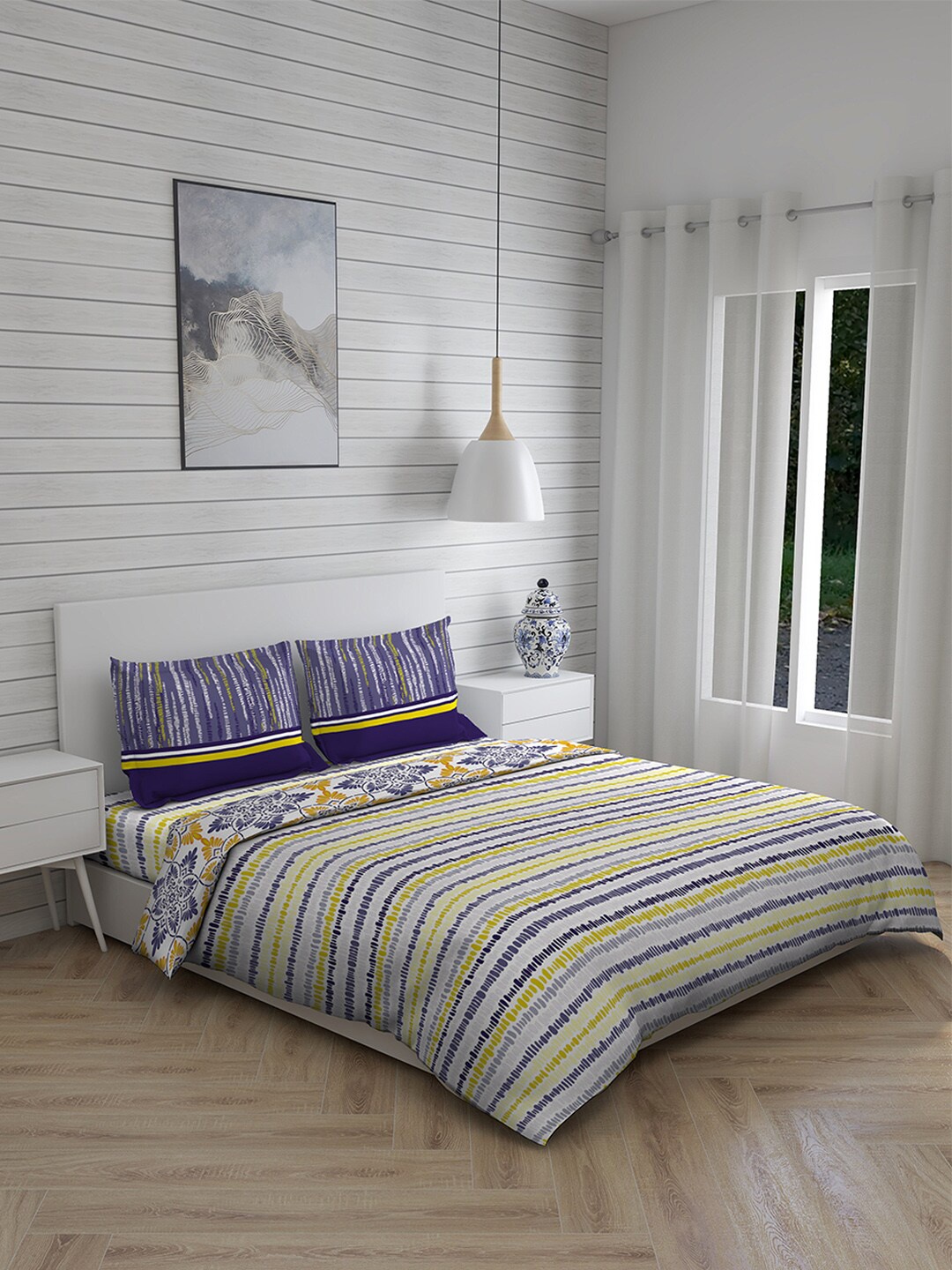 

Layers Yellow & White Striped Cotton Double King Bedding Set