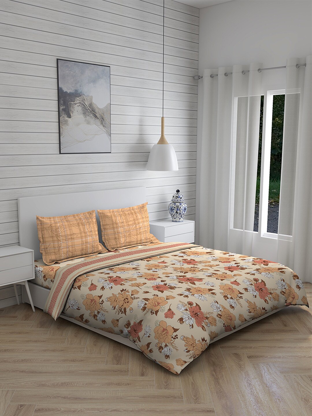 

Layers Beige & Orange Floral Printed Cotton Double King Bedding Set