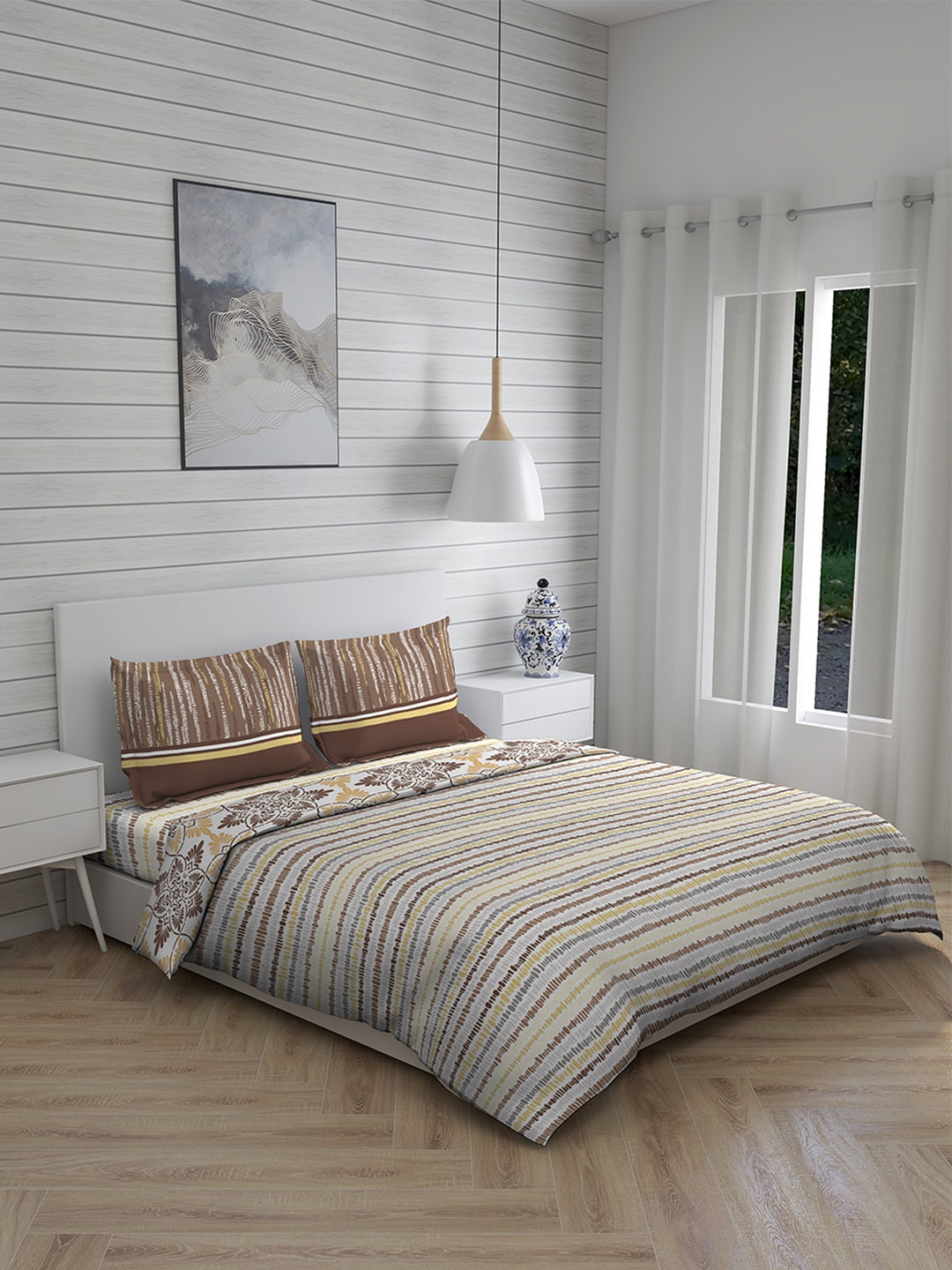 

Layers Beige & Brown Striped Double King Pure Cotton Bedding Set