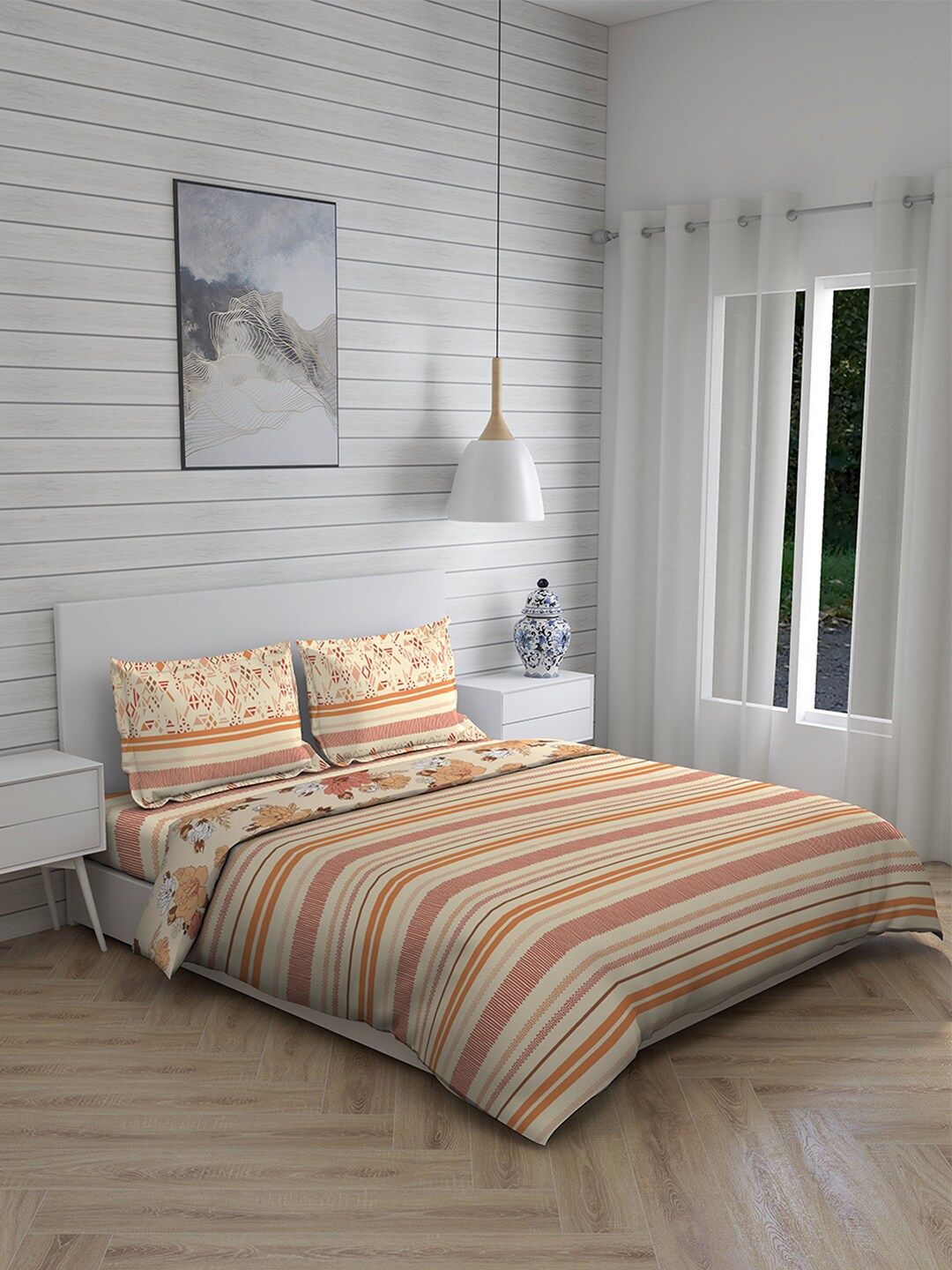 

Layers Orange & Peach-Coloured Striped Pure Cotton Double King Bedding Set