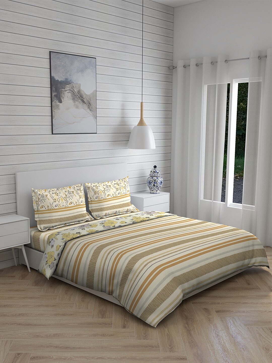 

Layers Yellow & Beige Striped Double King Pure Cotton Bedding Set