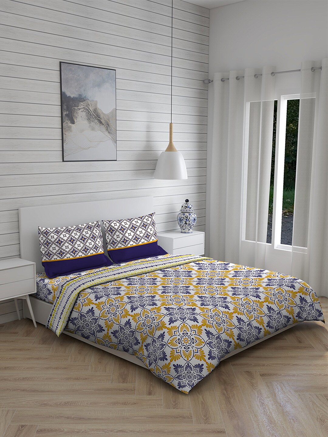 

Layers White & Blue Printed Pure Cotton Double King Bedding Set