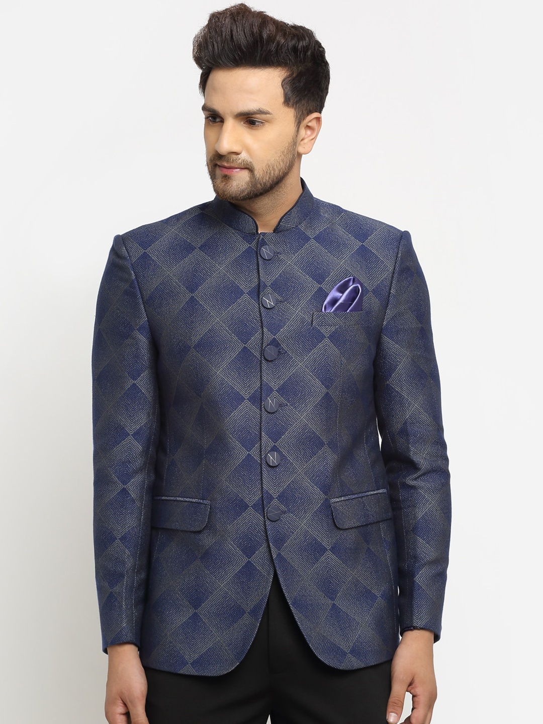

LUXURAZI Men Blue & Grey Printed Bandhgala Blazer