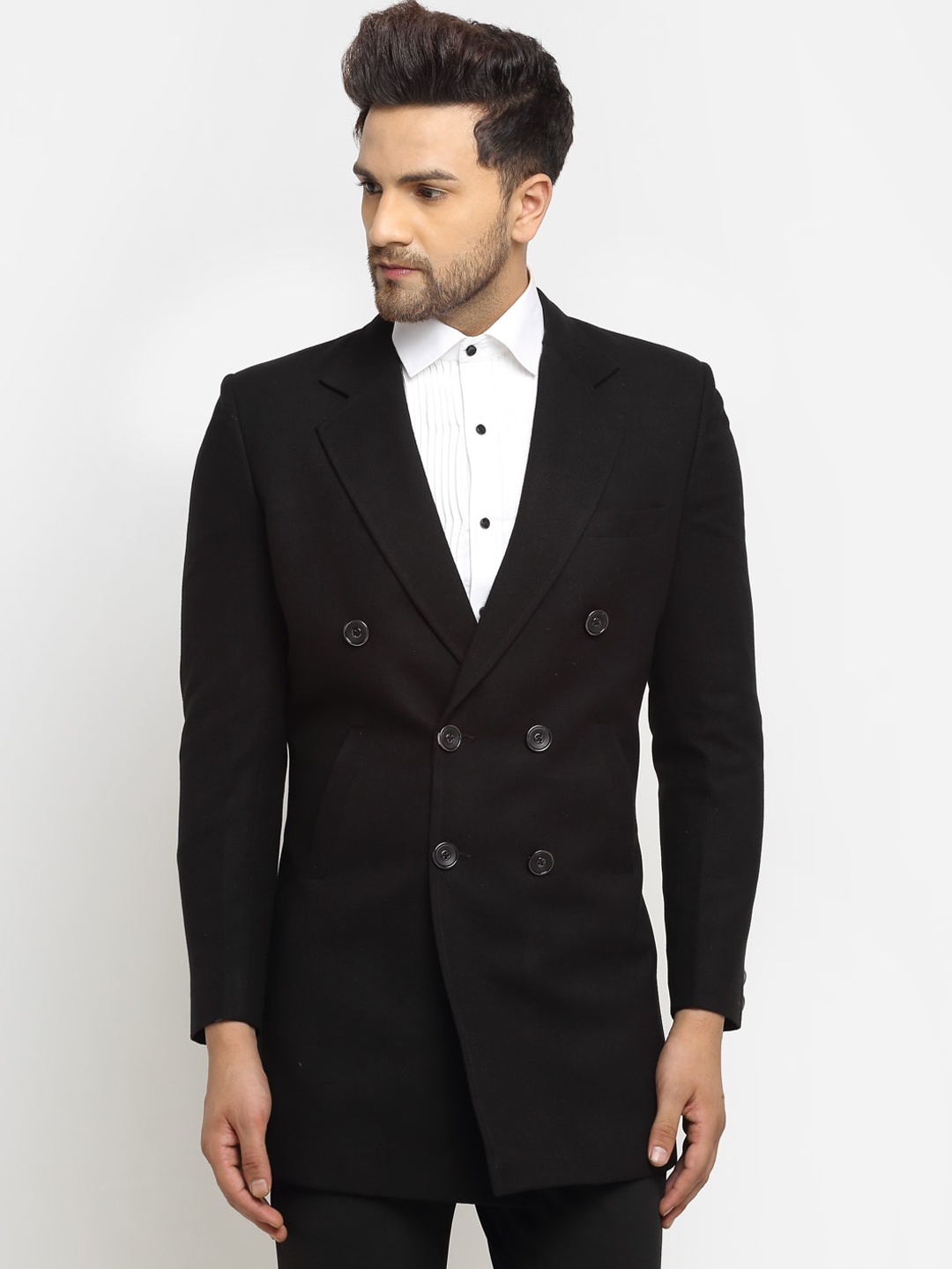 

LUXURAZI Men Black Solid Wool Long Coat