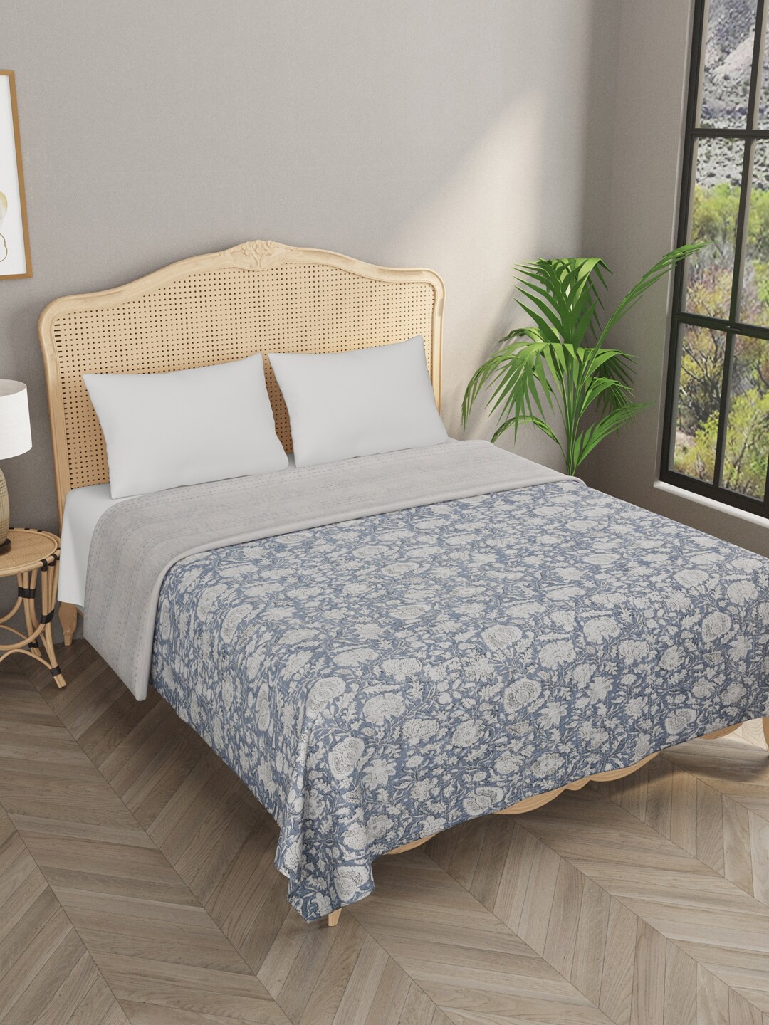 

Gulaab Jaipur Grey & White Handblock Kantha Printed Cotton Double King Bed Cover