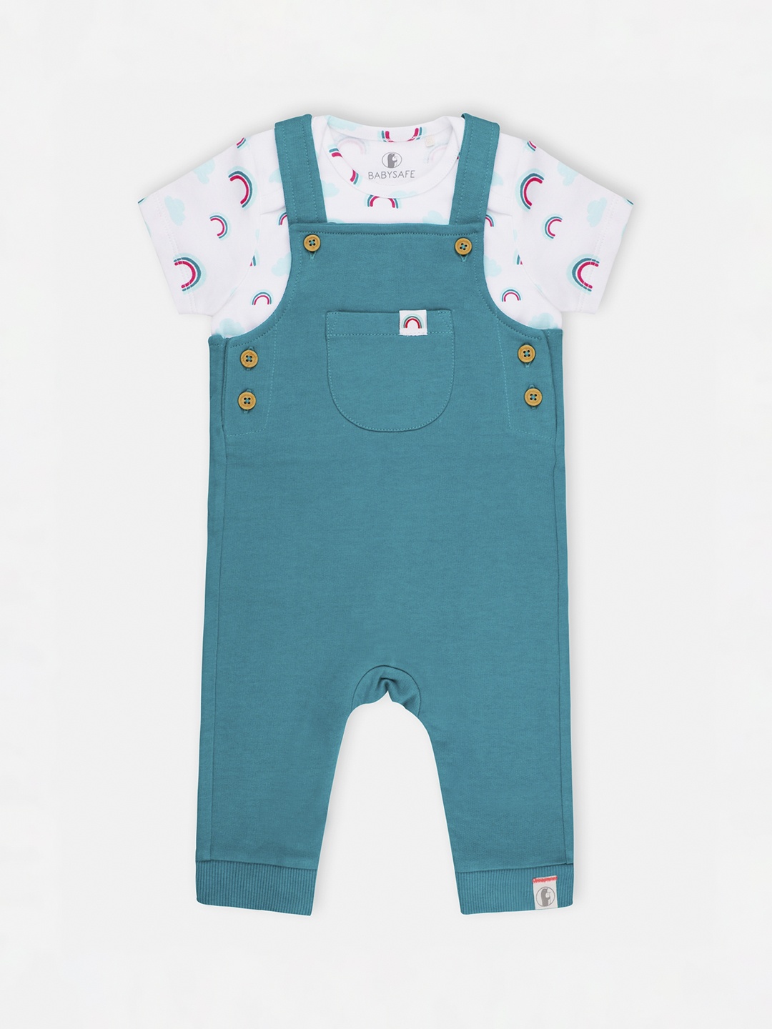 

Babysafe Boys White & Teal Green Solid Cotton Dungarees With T-Shirt