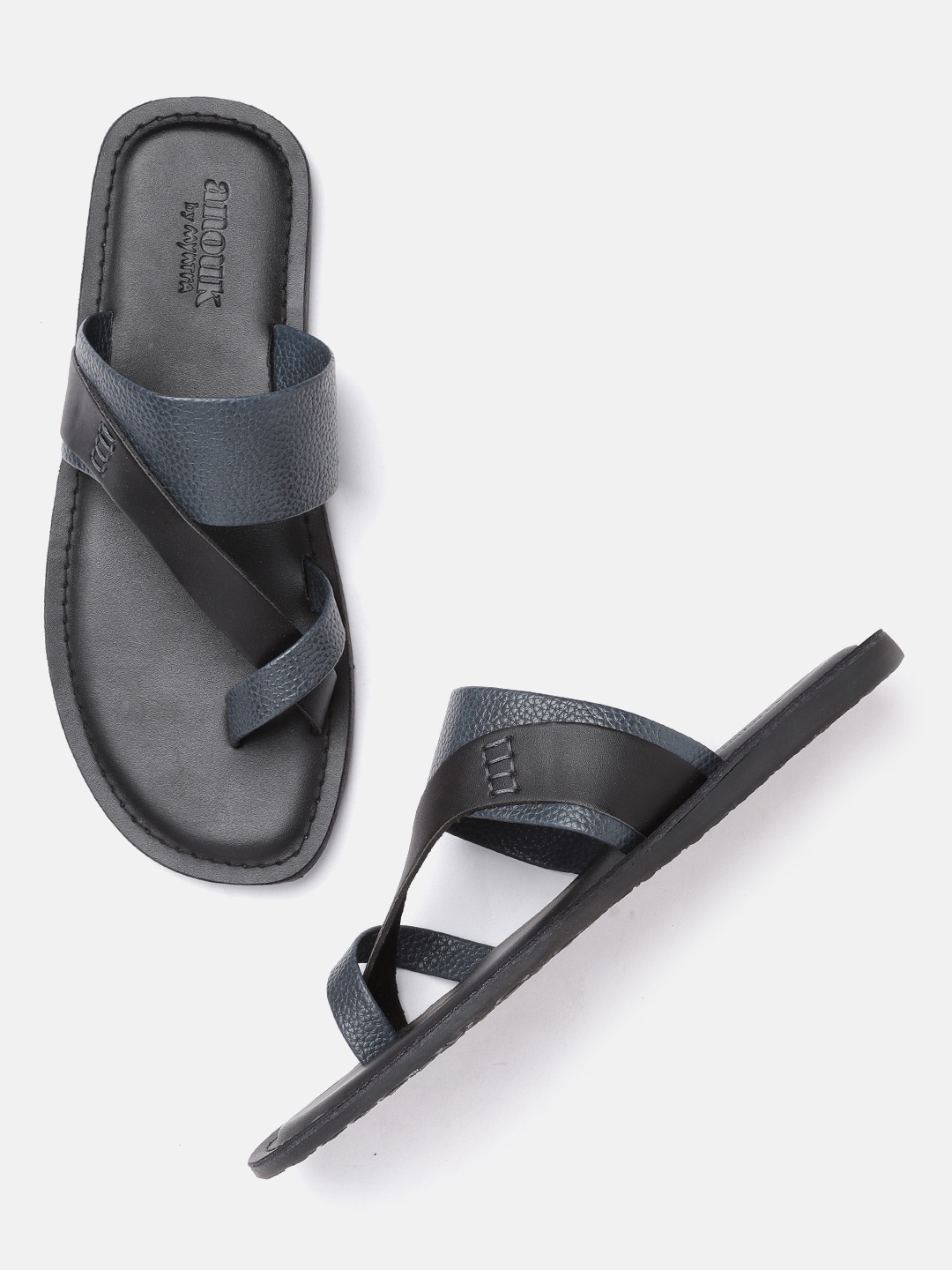 

Anouk Men Navy Blue & Black Handcrafted Colourblocked Leather One-Toe Sandals