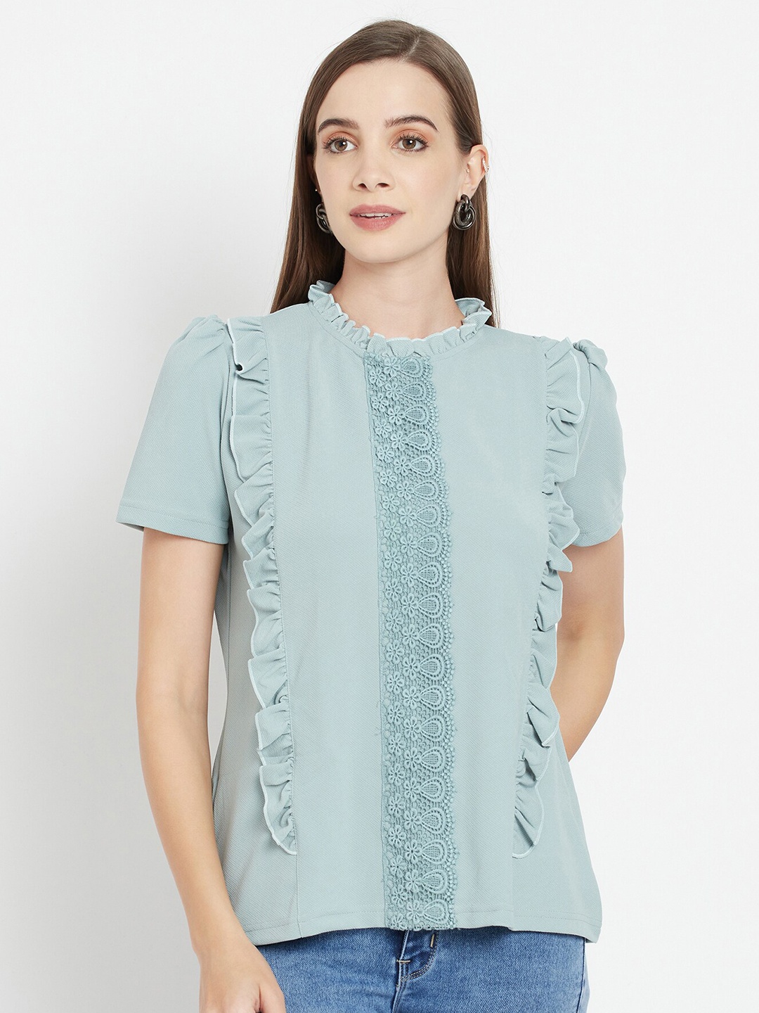 

Purple State Turquoise Blue Ruffles Regular Top